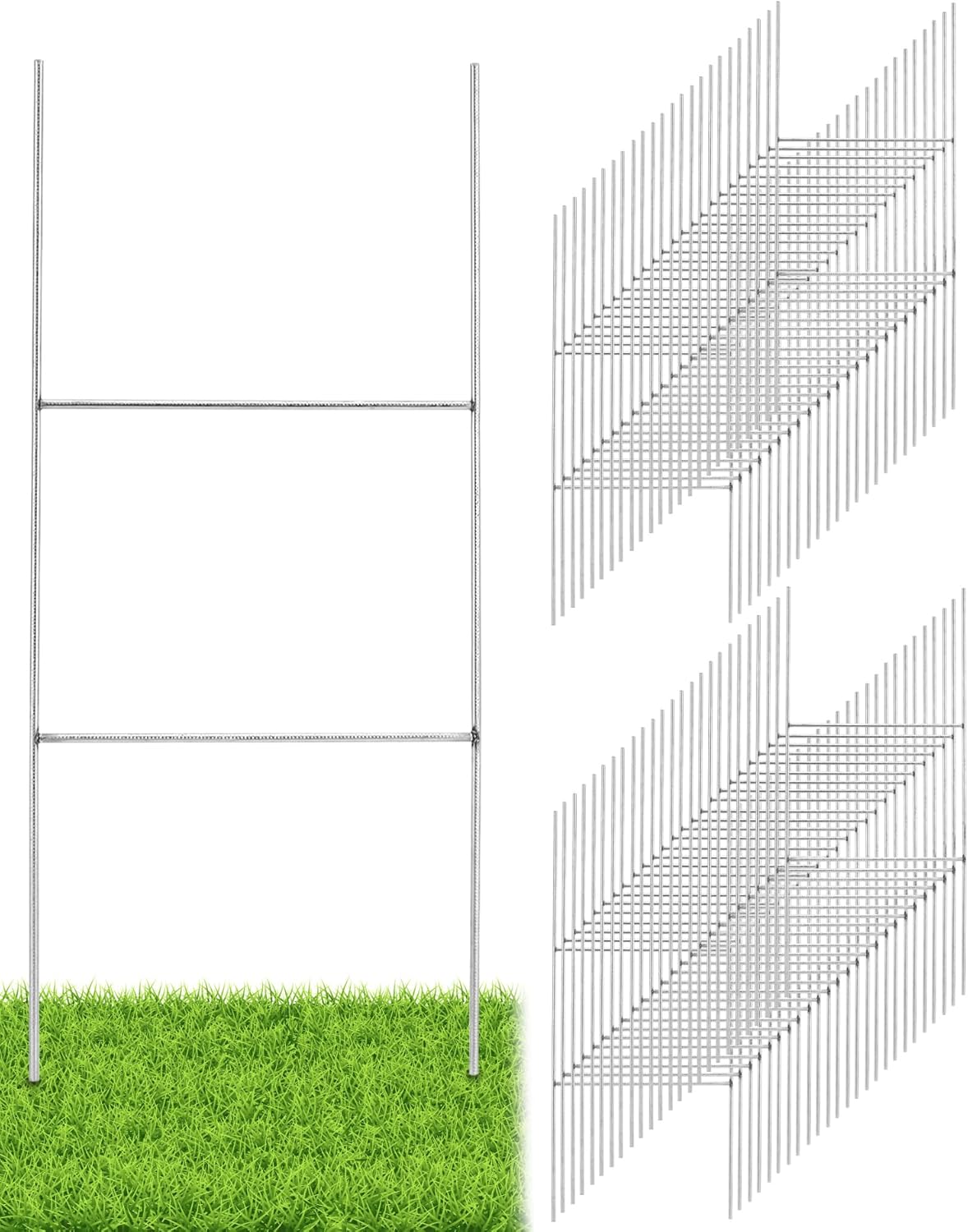 QWORK 50 Pack H Frame Yard Sign Stakes, 16.5" x 7" - 9 Gauge Galvanized Steel Sign Holders for Corrugated Plastic Signs - Heavy Duty Outdoor Metal Ground Stakes for Real Estate & Events