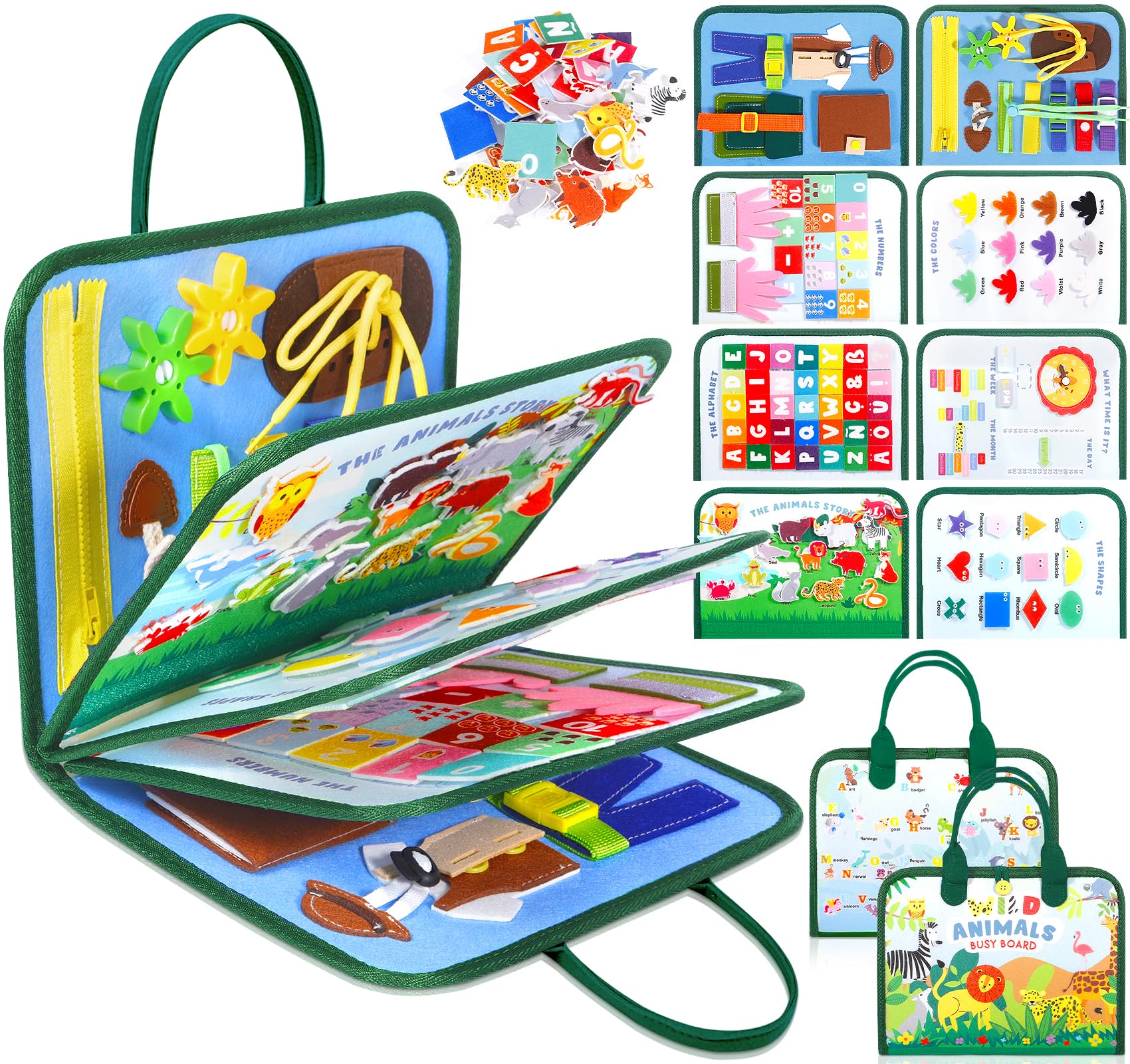 Busy Board Montessori, Montessori Libros Niños 2 Años, 8 en 1 Activity Board de Fieltro, Busy Book, Juguetes Educativos Regalo para Niños Niñas 1 2 3 Años