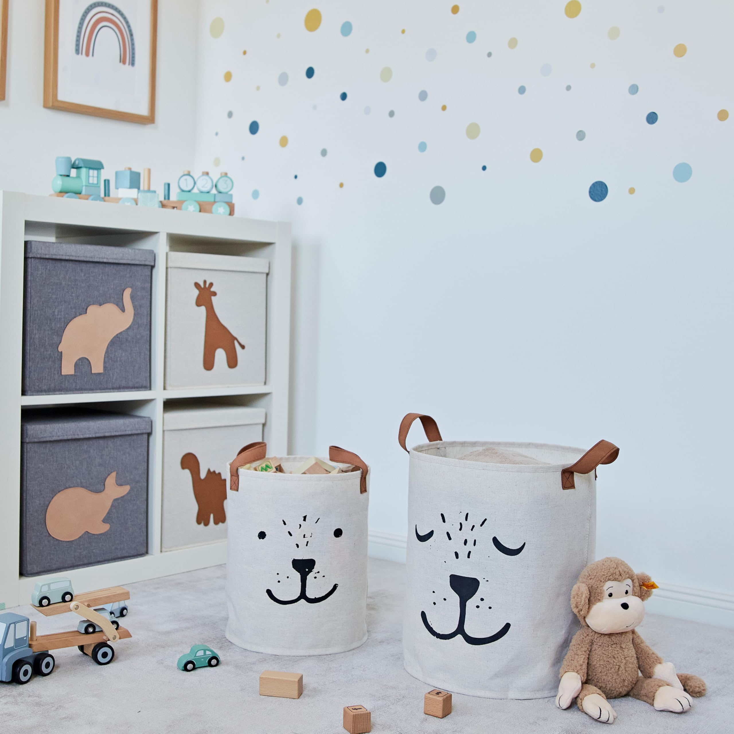 LOVE IT STORE IT Set di 2 Cestini Portaoggetti in Lino Pieghevoli, per Cameretta e Casa, Beige con Motivi e Maniglie Resistenti