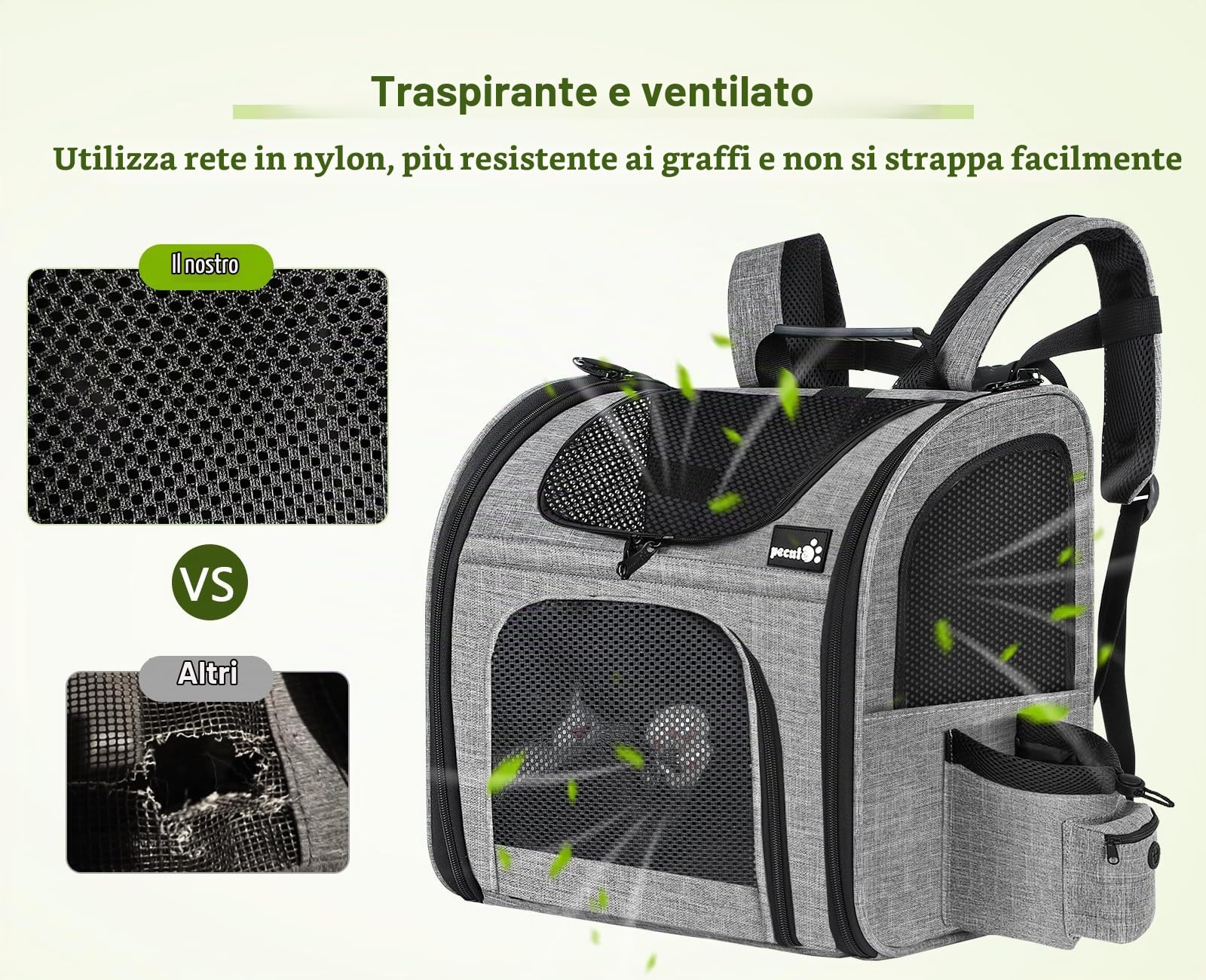 Pecute Zaino per cani e gatti, zaino per piccoli animali domestici, zaino portatile traspirante con apertura frontale e tasche a rete, spazio arioso per il trasporto di cuccioli di cani e gatti