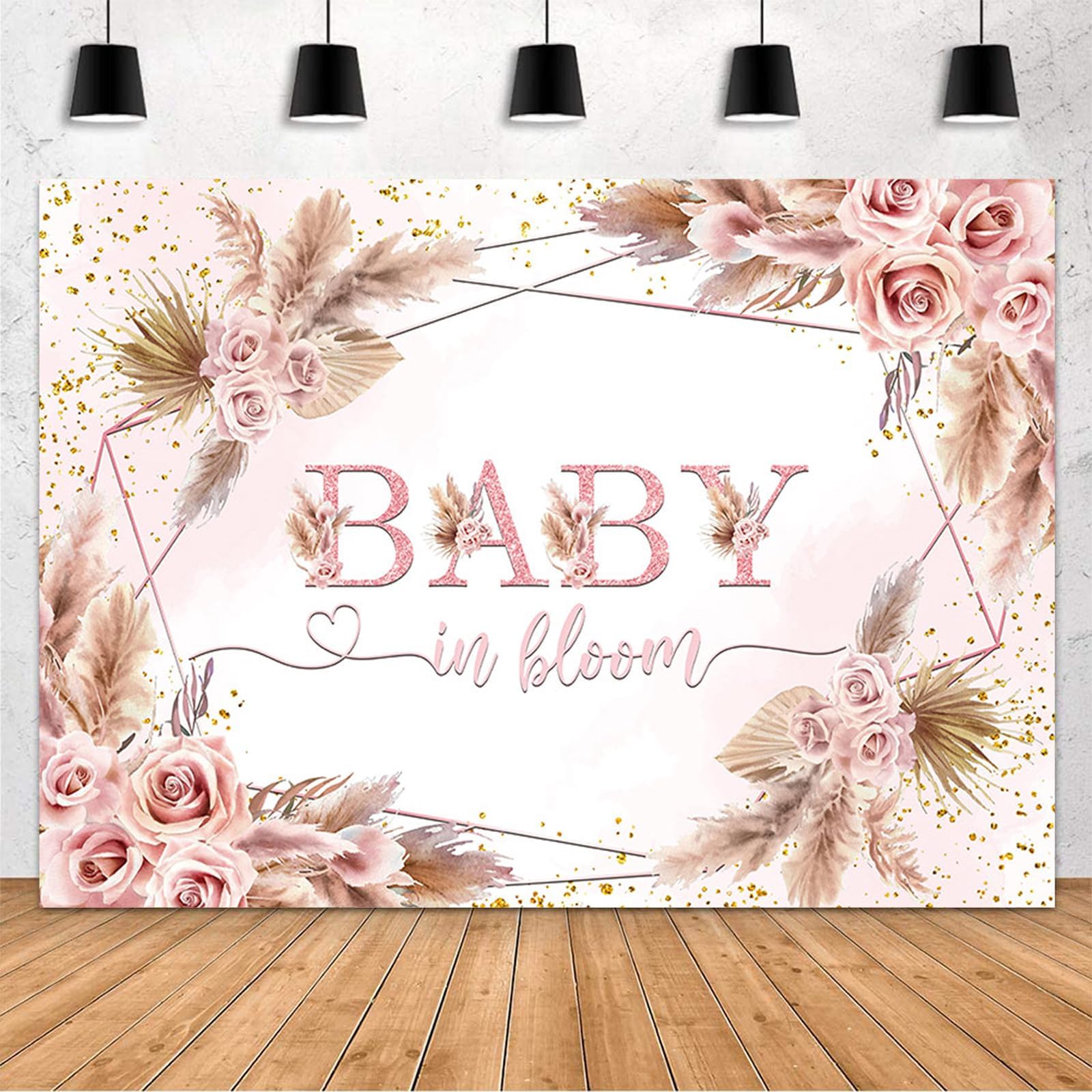 MEHOFOND 10x7ft Boho Baby in Bloom Backdrop for Girl Baby Showers, Pink Floral Pampas Grass, Polyester, Includes Backdrop Only