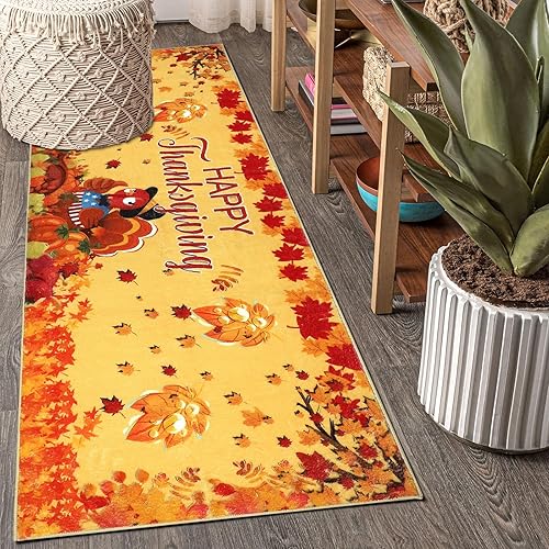 Falflor Alfombra de pasillo de otoño antideslizante para pasillo de cocina, patrón de hojas de arce, alfombra de piso para entrada, alfombra de área
