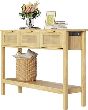 Entryway Table, Rattan Console Table with 3 Storage Drawers and Storage Shelf, Sofa Table with Socket, for Entryway, Living Room, Behind Couch and Hallway Light Yellow