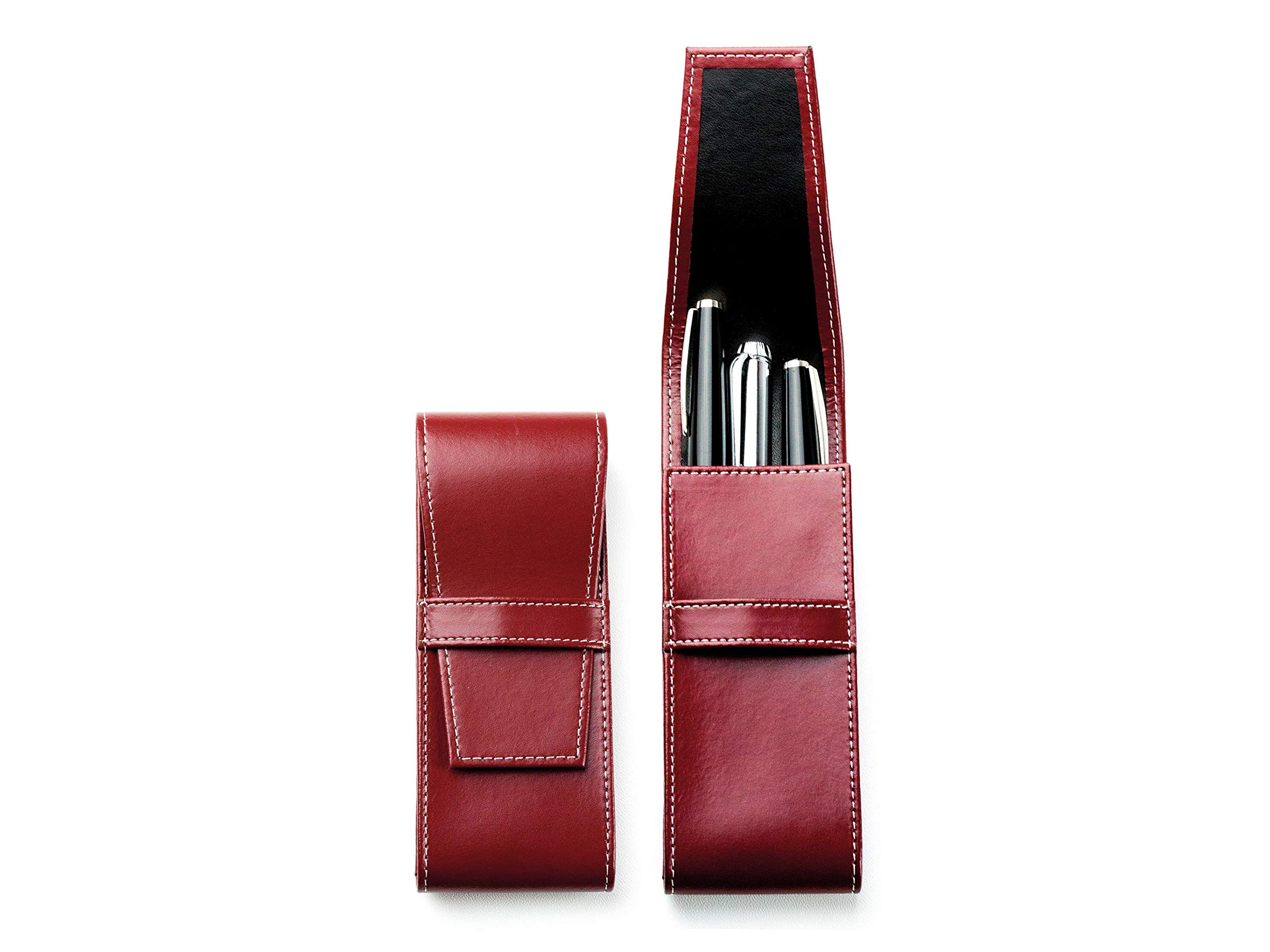 DELMON VARONE - Personalisierbares Schreibgeräteetui Cambridge Top Grain Leder Rot, Echtleder Stifteetui mit Verschlusslasche für 3 Schreibgeräte, Etui für hochwertige Kugelschreiber, Stifte & Füller