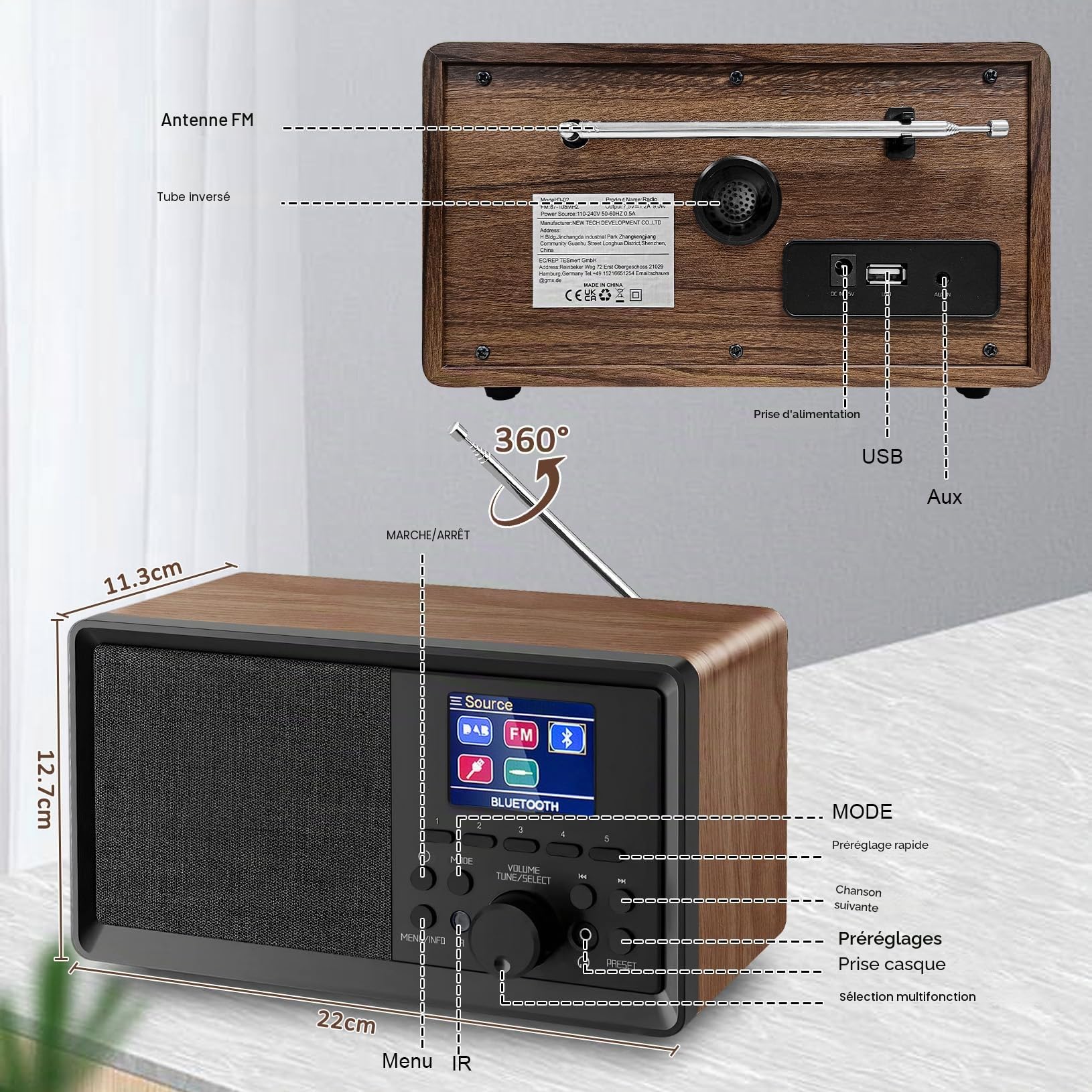 Radio Dab, Dab Plus Numérique Rechargeable avec Bluetooth 5.0, FM Vintage Radio Cuisine ave ctelecommande écran LCD Couleur 2.4, Connexion MicroSD/TF/AUX，RéveilDouble, Minuterie de Veille bois