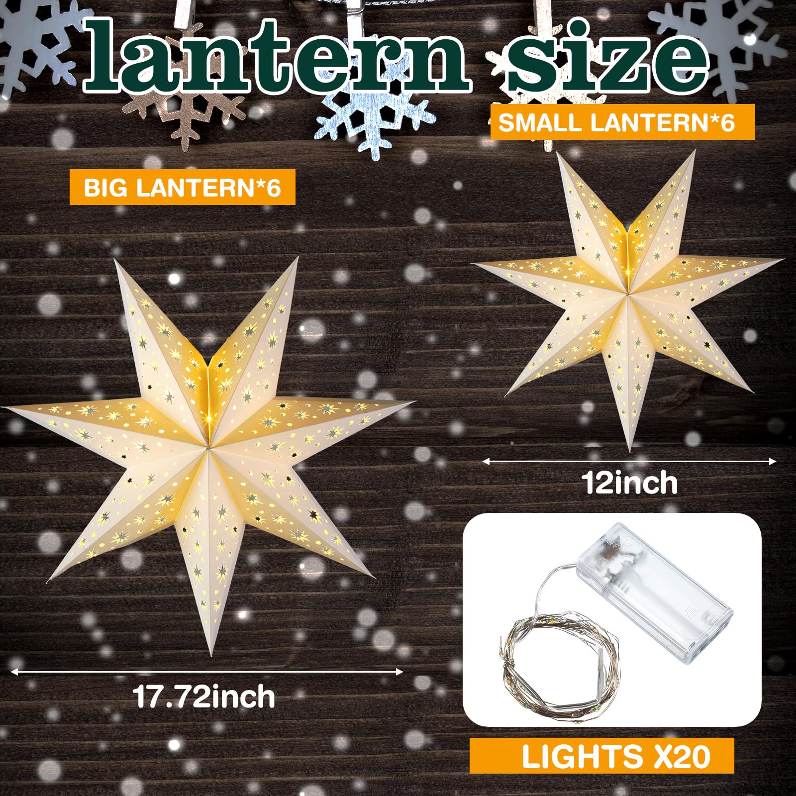 Cinnvoice Weihnachtliche Papiersternlaternen, 7/8/9 Punkte, hängende Ornamente, neutrale 3D-Sternlaterne mit Lichterkette, 30,5 cm und 45,5 cm, hohler Lampenschirm für Party-Dekoration (weiß, 7
