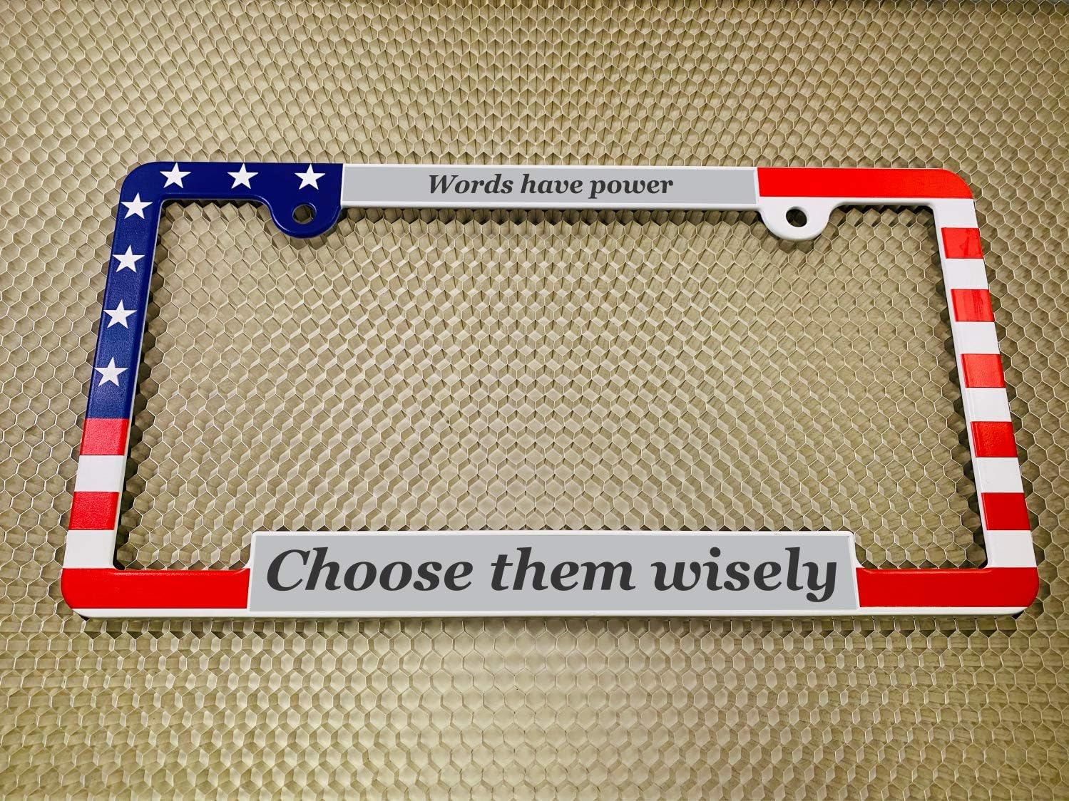 Personalized Patriotic American Flag with Custom Text Design Laser Engraved Standard Size - Car/Automobile Metal License Plate Frame with Free caps - Silver/Black (Quantity: 1 Frame)