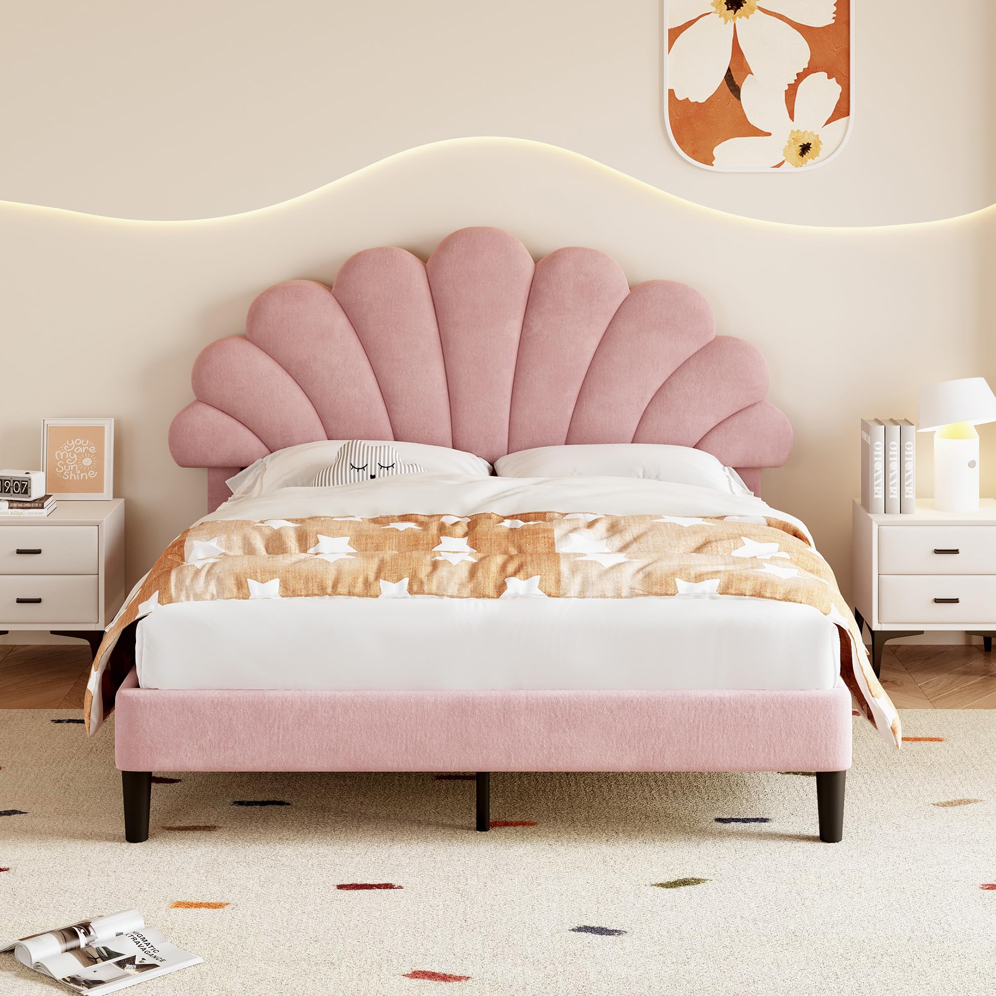 Upholstered Platform Bed, 4ft6 Double Bed Frame 135x190 cm with Height-adjustable Petal-like Headboard, Sturdy Wooden Slat Support, No Box Spring Needed, Velvet Bed for Adults & Teenagers, Pink โ image 1
