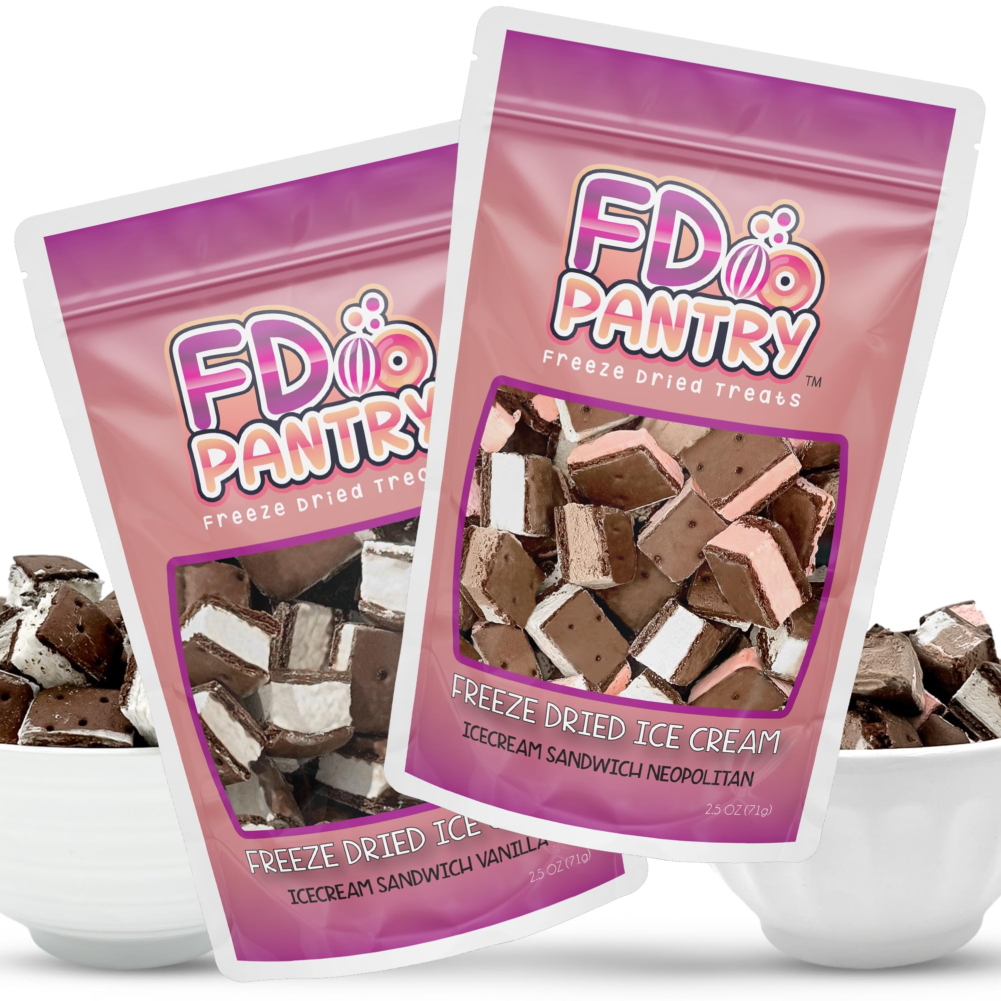 Freeze Dried Icecream Sandwich Bites, Neapolitan & Vanilla 2.5oz (2 pack) - Crunchy & Sweet Freeze Dried Dessert Snack, Dehydrated Freeze Dried Chocolate Flavors - Resealable Ice Cream Sandwich Bites