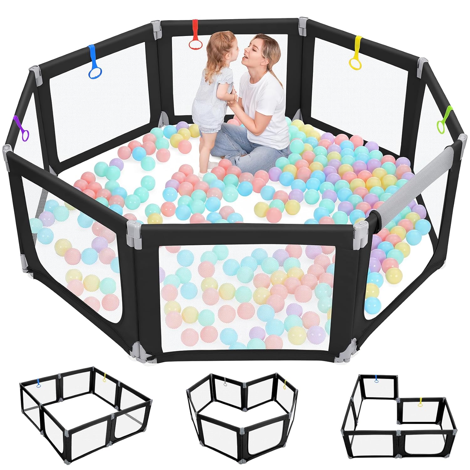 Dripex Foldable Playpen in octagonal configuration with a child and adult inside, filled with colorful balls.