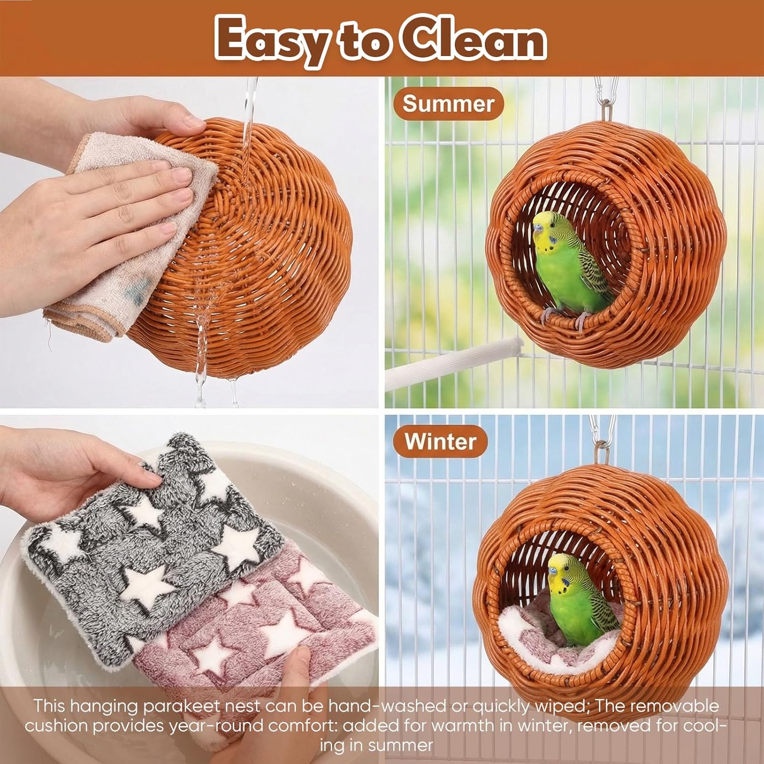 Junkin 2 Pcs Chewproof Steel Frame Bird Nest for Cage, Rattan Washable Small Bird Bed with Plush Pad, Hammock Hideout Lay Eggs Parakeet Nest Sleep, Warm Bed House Hut for Lovebird Canary Budgie