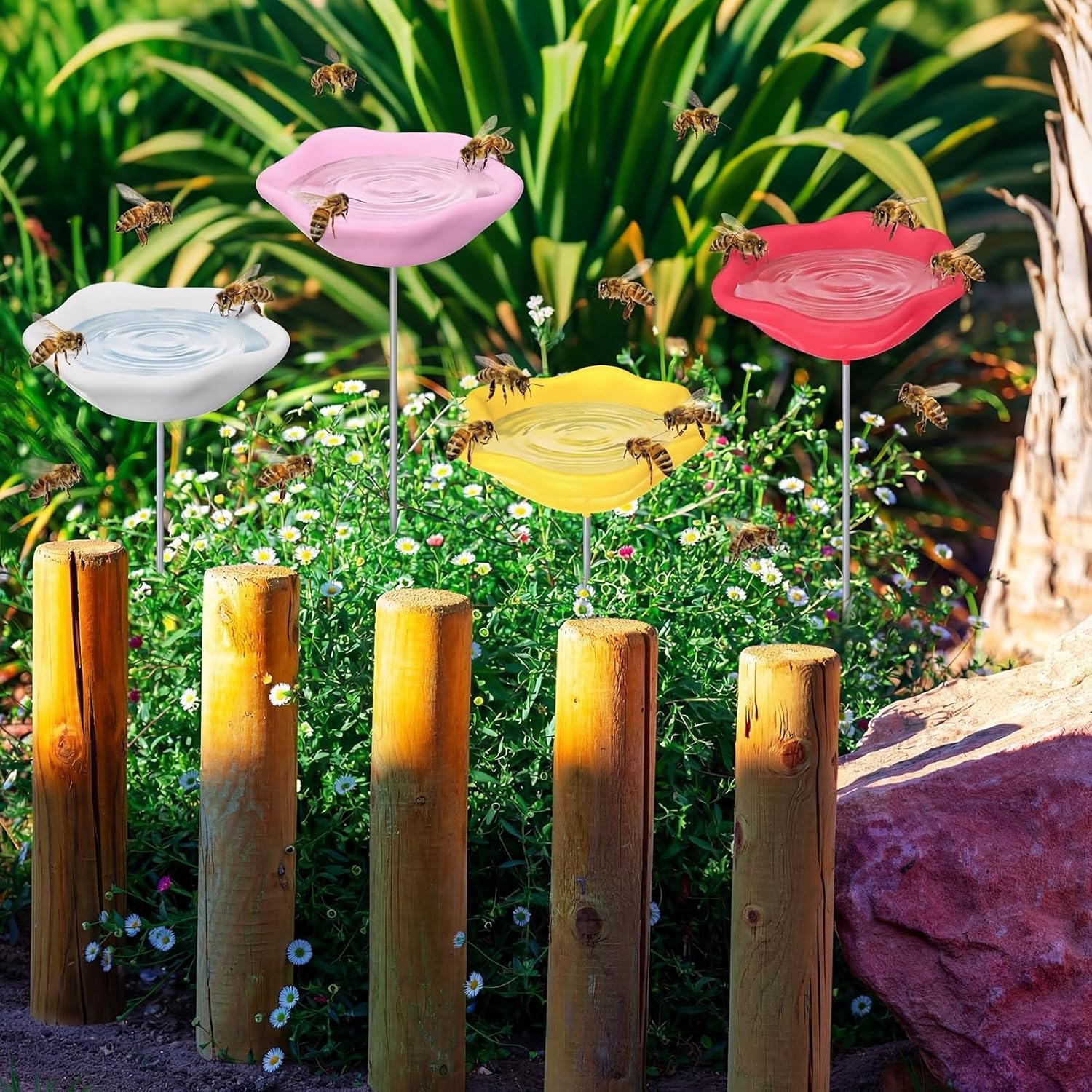 4 Pack Resin Bee Watering Station for Garden Butterfly Bath Cups Outdoor Garden Yard Bee Feeders Stakes Decor for Thirsty Pollinators Insects Plastic Free Attracting Glaze (Stylish)