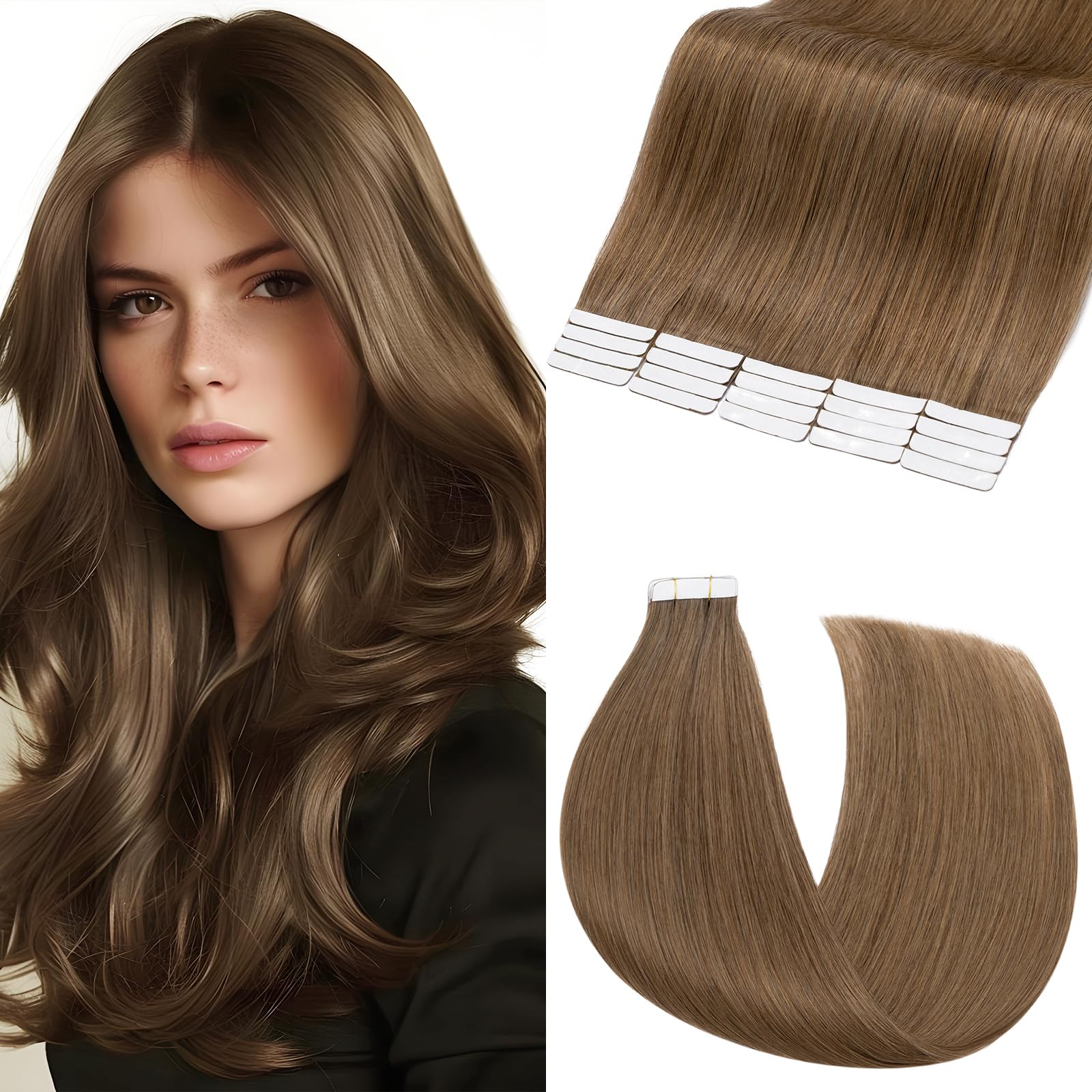 Elailite Tape in Hair Extensions Real Human Hair #6 Light Brown Skin Weft Remy Hair Extensions Straight Long 20 Pcs 24 Inch 50g