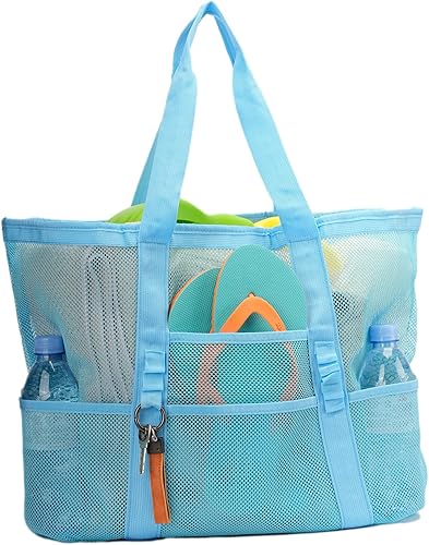 TOPASION Bolsa grande de malla para playa, bolsas ligeras de piscina para juguetes de arena, bolsas de comestibles para viajes familiares, bolsas de