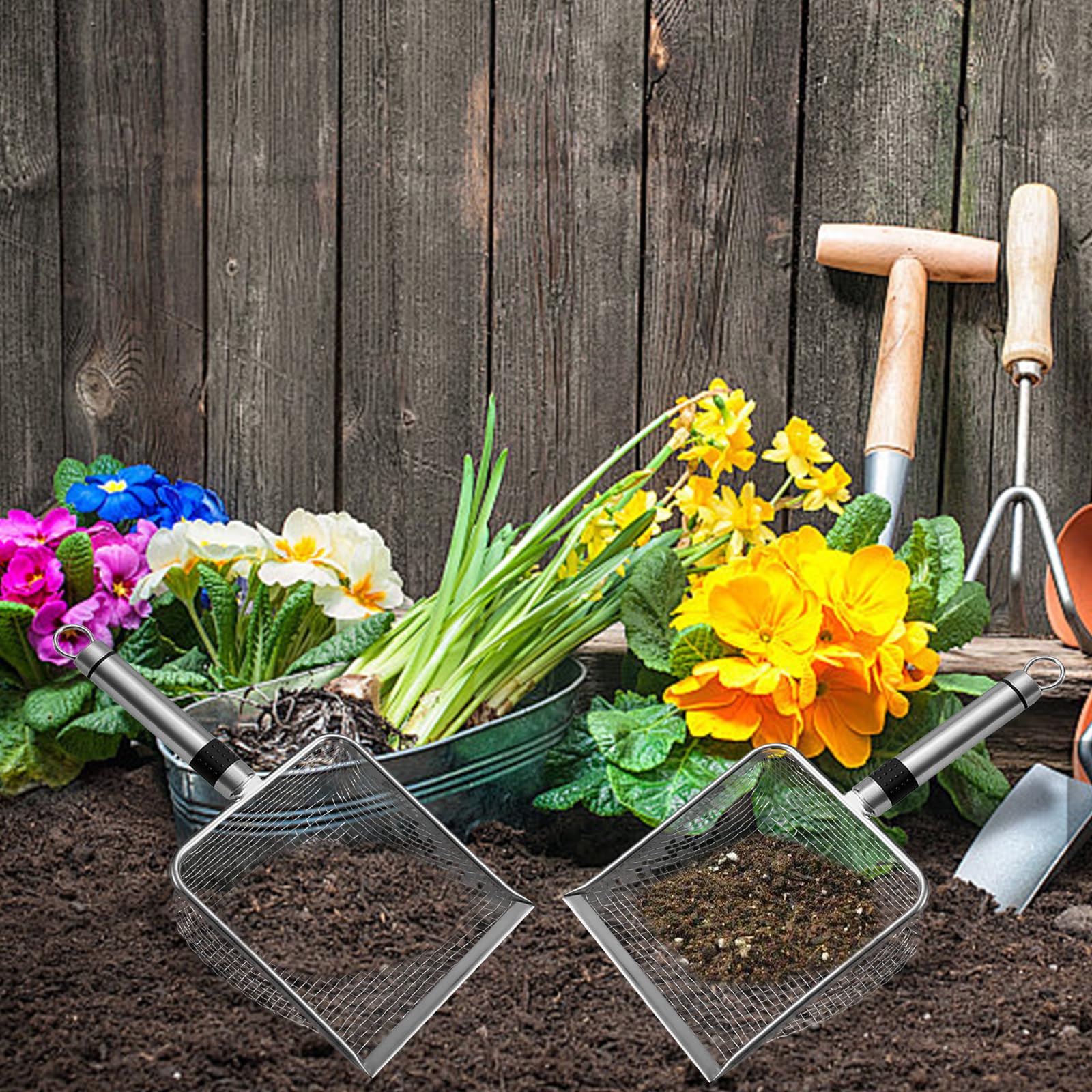 4 Stück Gartenerdesieb Kompostsieb mit Griff (2/2.8/3.8/5mm Masche), 4 Größen Gartensieb aus Edelstahl, für Sand Steine Erde Kompost Reiniger Scooper, Katzenschaufel Edelstahl für Katzenklo