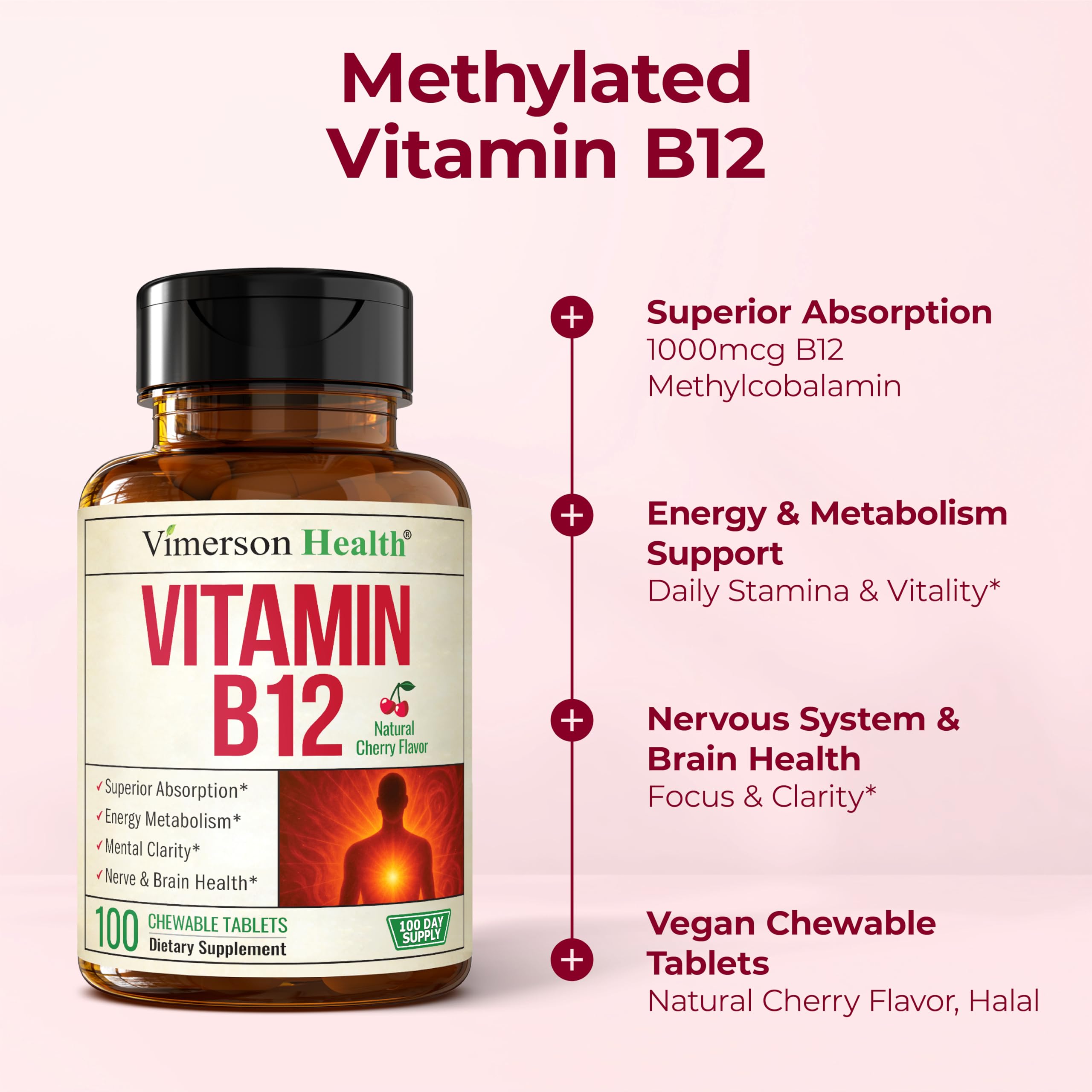 Vitamin B12 1000mcg - Chewable Methylcobalamin Cherry Flavor Tablets, 100Ct — Amazon image 5