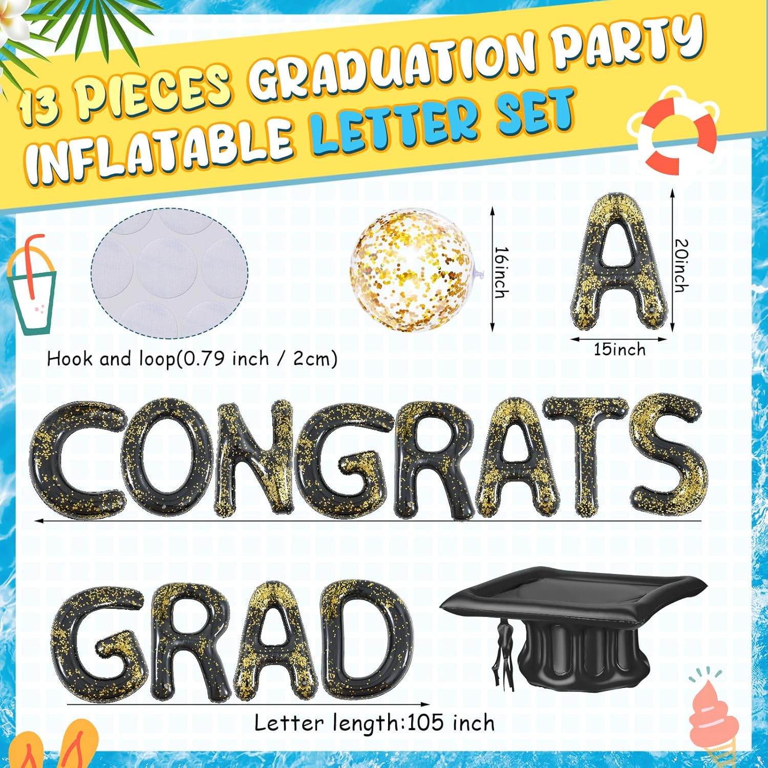Sumind 15 Pcs Congrats Grad 2026 Pool Float 20" Inflatable Letter Pool Float Glitter Grad Party Decor Graduation Decoration Set with Graduation Beach Ball Hat for Beach(Black Gold)