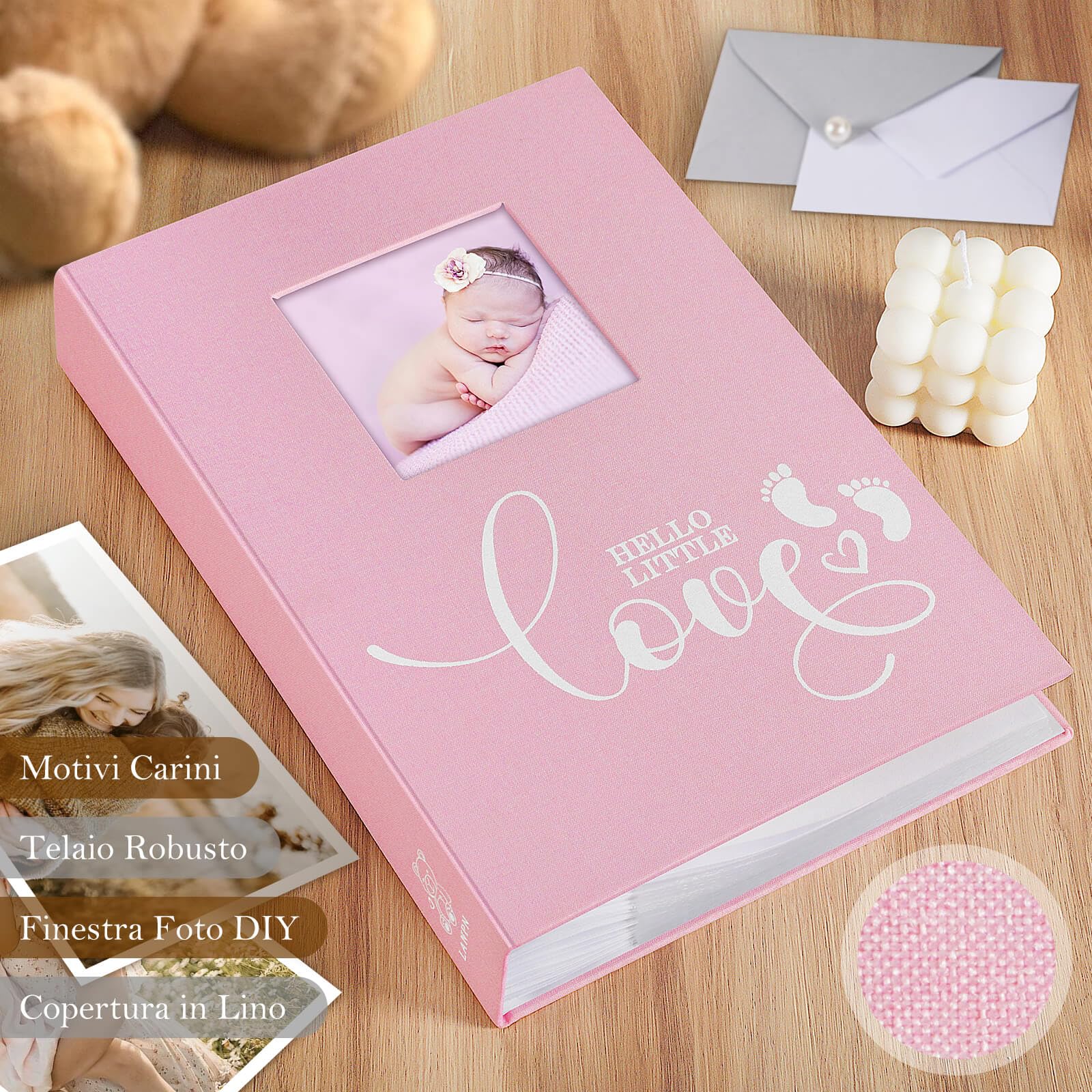 Lanpn Album Fotografici Bambino 10x15 300 Tasche, Lino Inserire Gli Album porta Foto Nascita Bimbo Regalo, Baby Photo Album Fotografico, Album Battesimo Bimba Ragazza Bambino Neonato Rosa