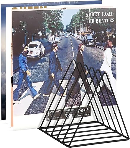 Udreamer Almacenamiento de discos de vinilo de 9 ranuras,Revistero de metal de escritorio,Soporte de disco de vinilo triangular,Negro
