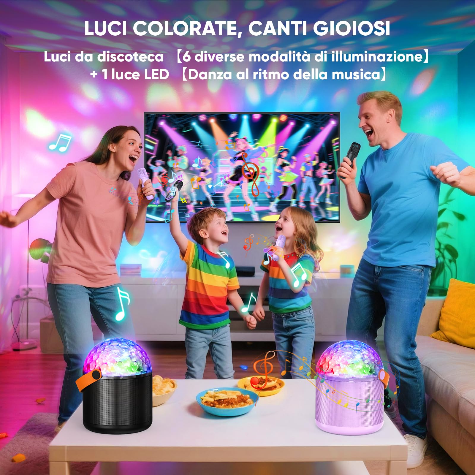 Karaoke con Microfono con Luci da Discoteca, Microfono Karaoke con 2 Microfono Bambini Adulti Cassa Bluetooth Portatile Giocattoli Regalo per Feste in Casa & Compleanno - Regali Natale Bambini