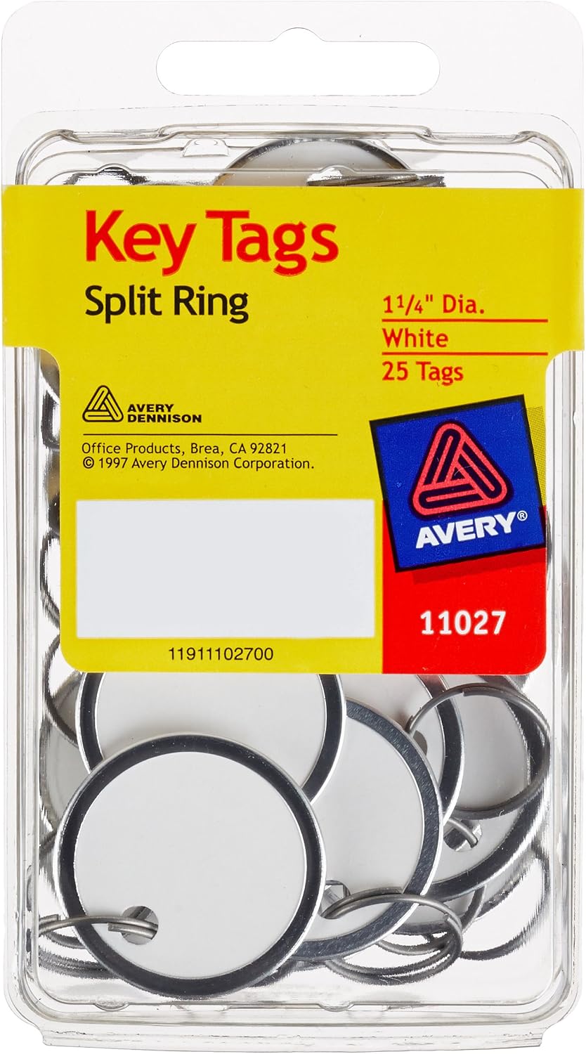 Avery Key Tags, Split Ring, White, 1.25 Inch Diameter, Pack of 25 (11027)