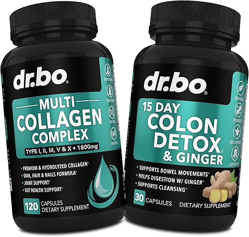 Péptidos de colágeno y desintoxicación de limpieza de colon - Píldoras de limpieza de colon de 15 días y jengibre - Multi colágeno para mujeres y