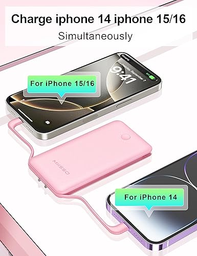 Miniatura 4 de Banco de energía ultra delgado de 10000 mAh, cables integrados y enchufe de pared plegable de CA, cargador portátil USB C de tamaño bolsillo,