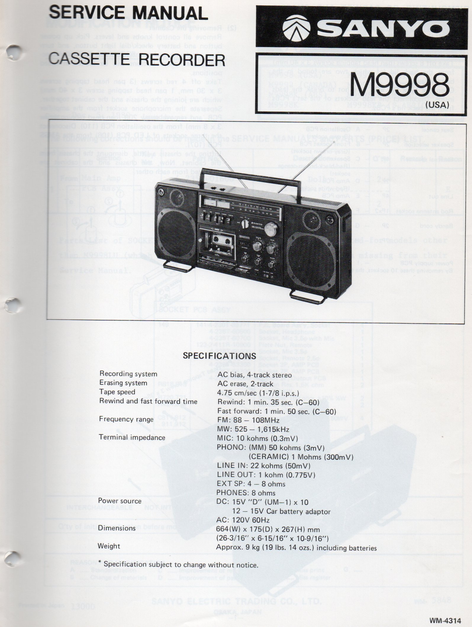 Service Manual for Sanyo M9998 Cassette Recorder