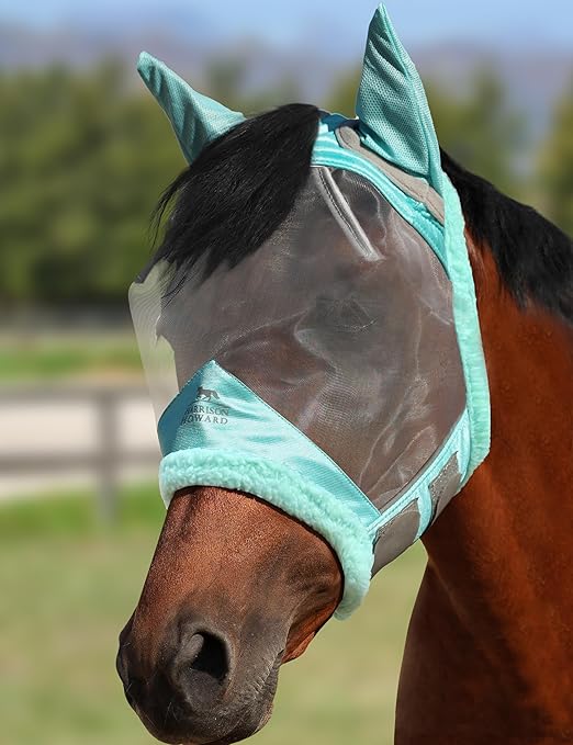 Harrison Howard CareMaster Horse Fly Mask UV Protective Fine Mesh with Extra Wool Soft Touch on Skin Summer Mint L