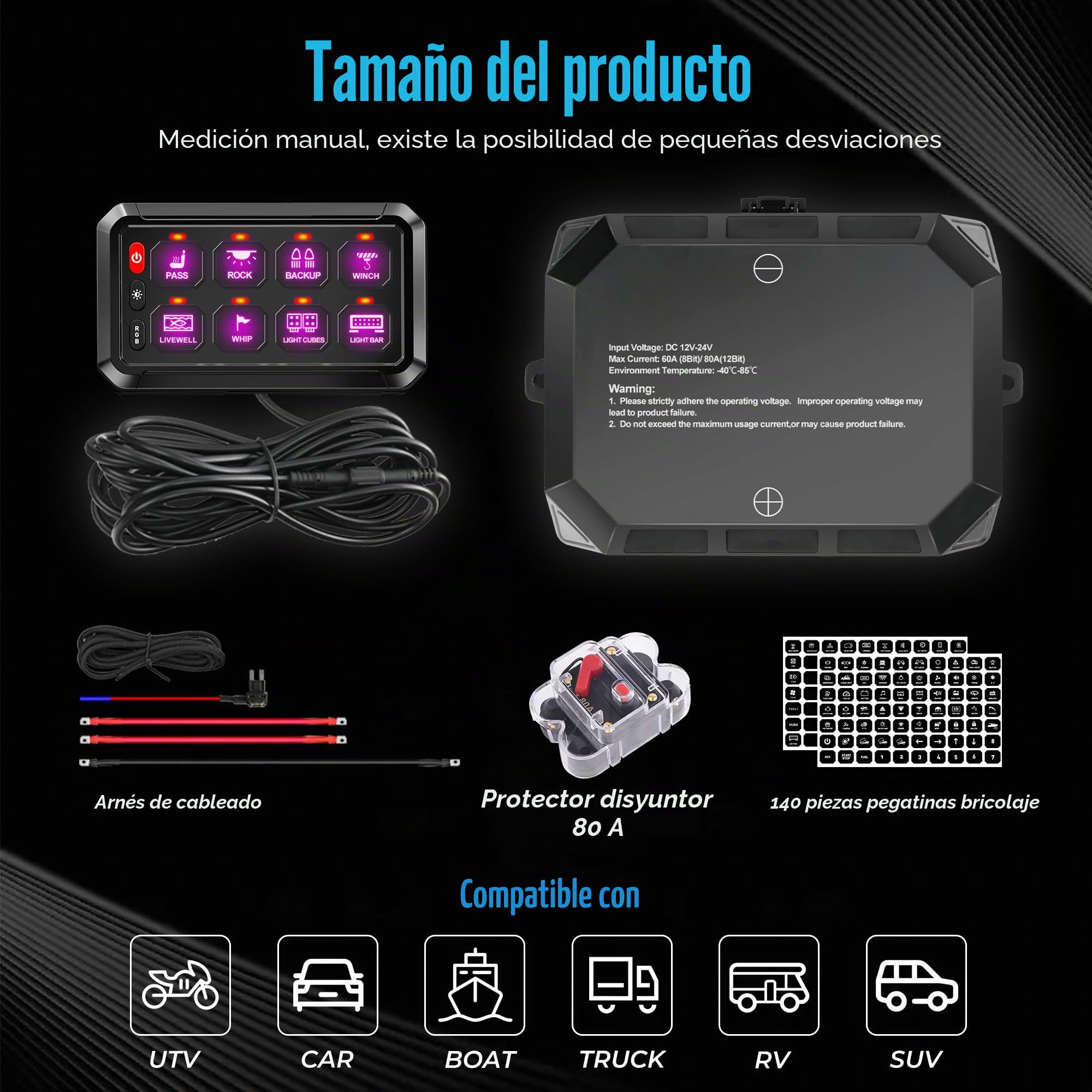 Panel de interruptor RGB de 8 velocidades, regulable automáticamente, panel de interruptores multifunción con memoria de impulso de inclinación instantánea, panel de aluminio para camiones