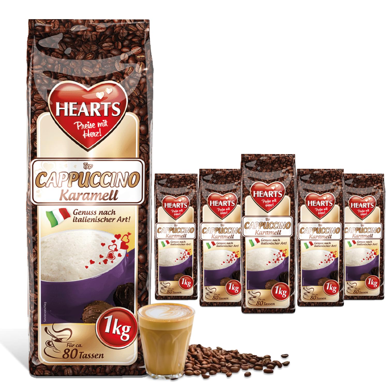 Hearts Cappuccino Caramel, 5 x 1 kg de poudre de café lnstant, facilement soluble, lot de 5, env. 400 tasses