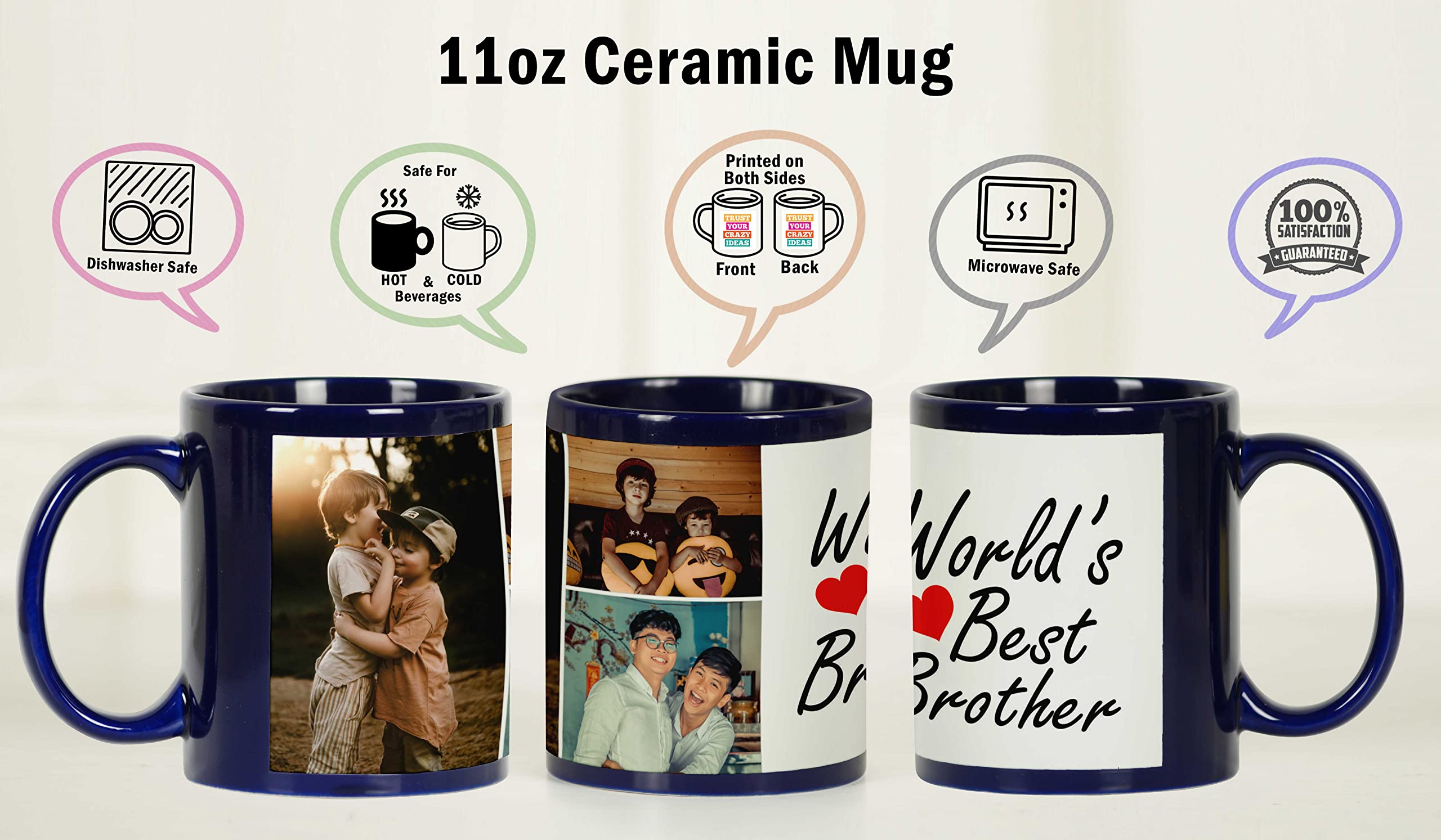 Printtoo Photo Personnalisée Collage Tasse Café World's Best Brother Personnalisation Personnalisée Coupe Céramique Lave-Vaisselle Et Micro-Ondes Coffre-Fort- 11 Oz- Blue