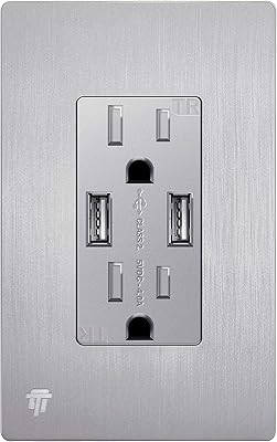 TOPGREENER High Speed USB Wall Outlet, 15A TR Receptacle, Silver/ENERLITES Elite Series Screwless Decorator Wall Plate Child Safe Outlet Cover, Size 1-Gang 4.68" H x 2.93" L, Brushed Silver, UL Listed