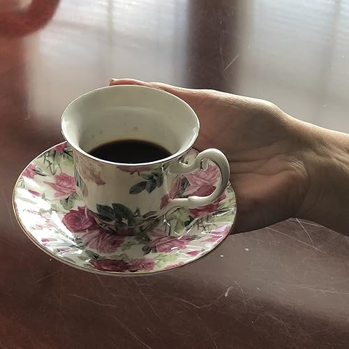 Miniatura 6 de Gracie China Rose Chintz Porcelain - Juego de 4 tazas y platillo pequeño de expresodemitasse de 3 onzas con ribete dorado