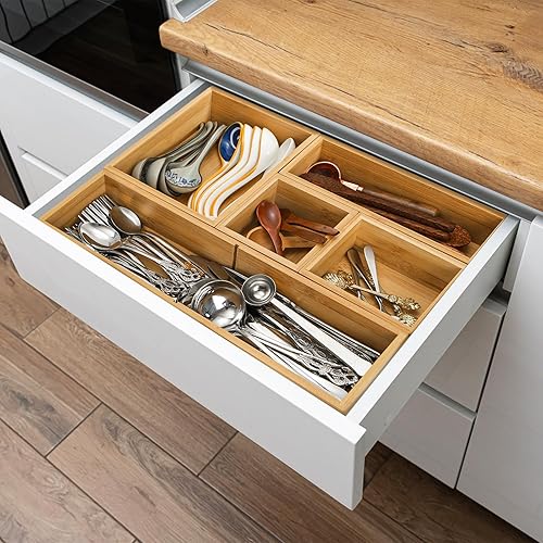 Miniatura 5 de Organizador de cajones de bambú de 5 piezas, bandeja de almacenamiento de té chatarra individual multiusos con divisores extraíbles, contenedor