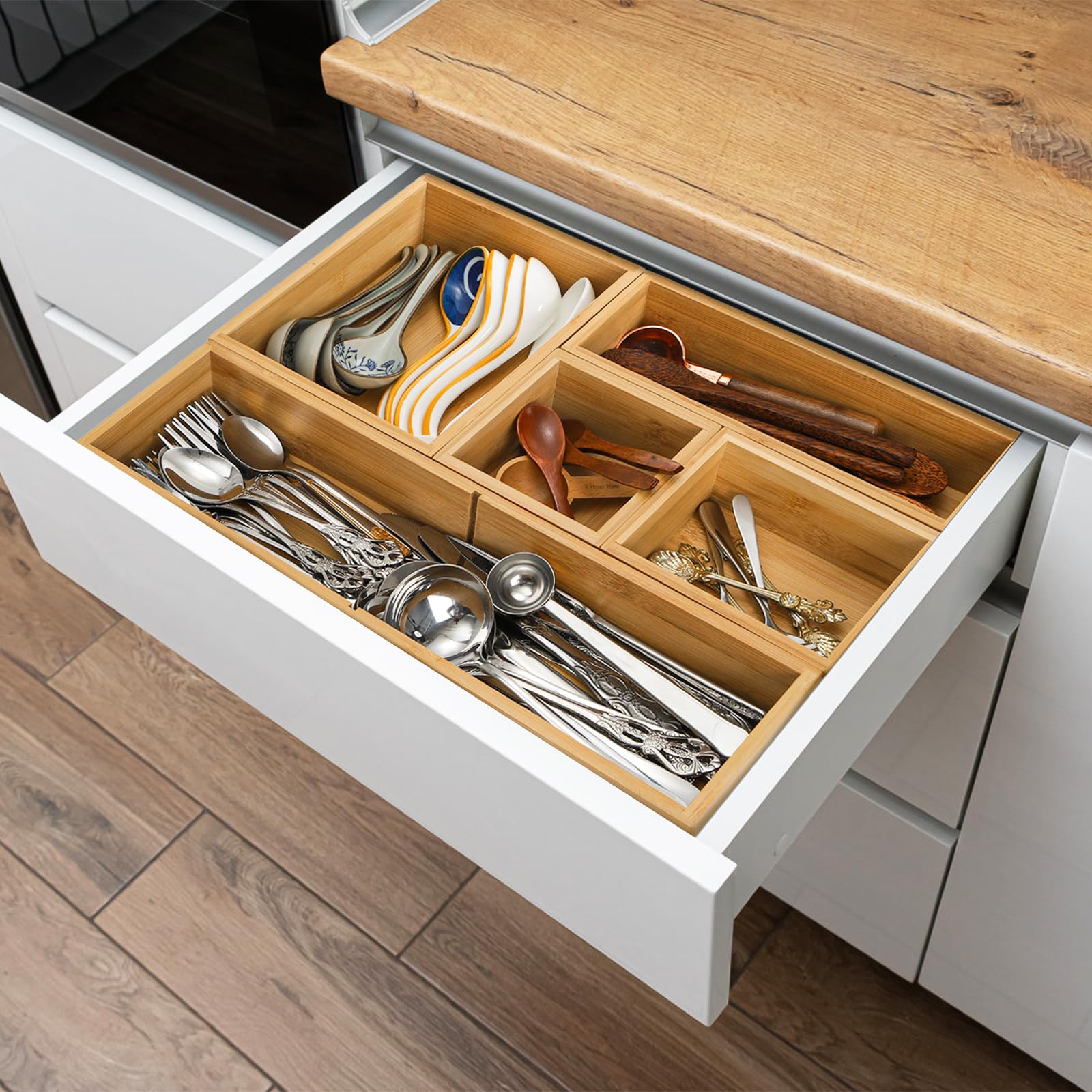 ZAVOOS 6 Stück Bambus-Schubladen-Organizer, individuelles Junk-Tee-Aufbewahrungs-Schubladen-Tablettt, Set mit herausnehmbaren Trennwänden, verstellbarer Besteck-Utensilien-Make-up-Halter für Küche,