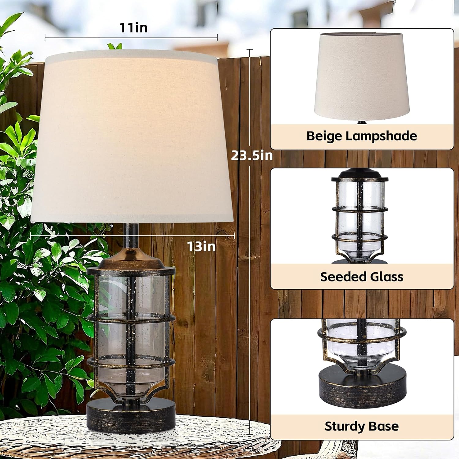 outdoor table lamp, farmhouse lamp for patio table decor with cord, rustic table light with seeded glass, 23.5" plug-in outdoor lamps for patio waterproof, led bulb included (antique copper color)
