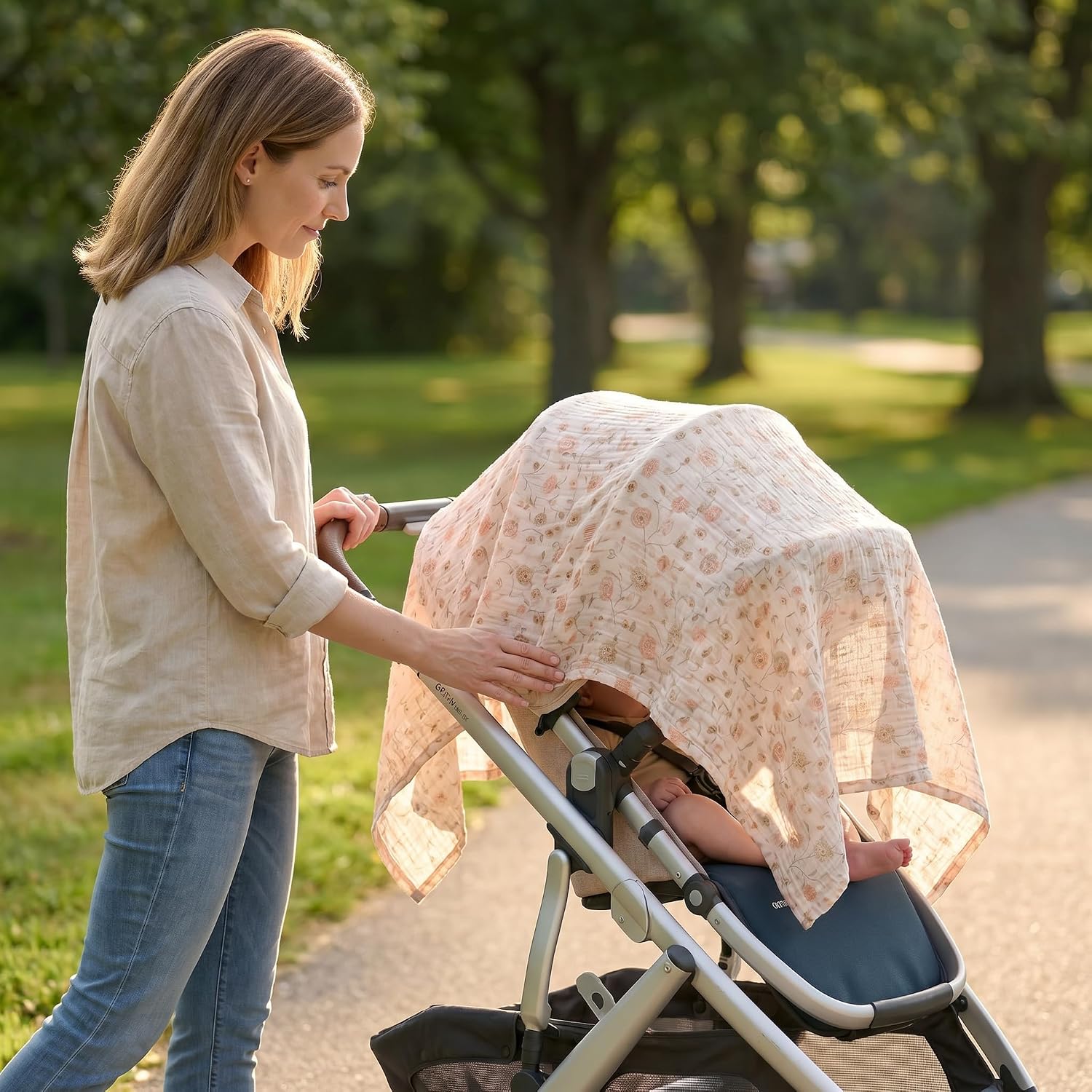 100% Muslin Nursing Cover, 360° Full Privacy Breathable Breastfeeding Cover, Multi-Use Lightweight Car Seat Canopy & Stroller Cover for Newborn Baby - Peach Rose
