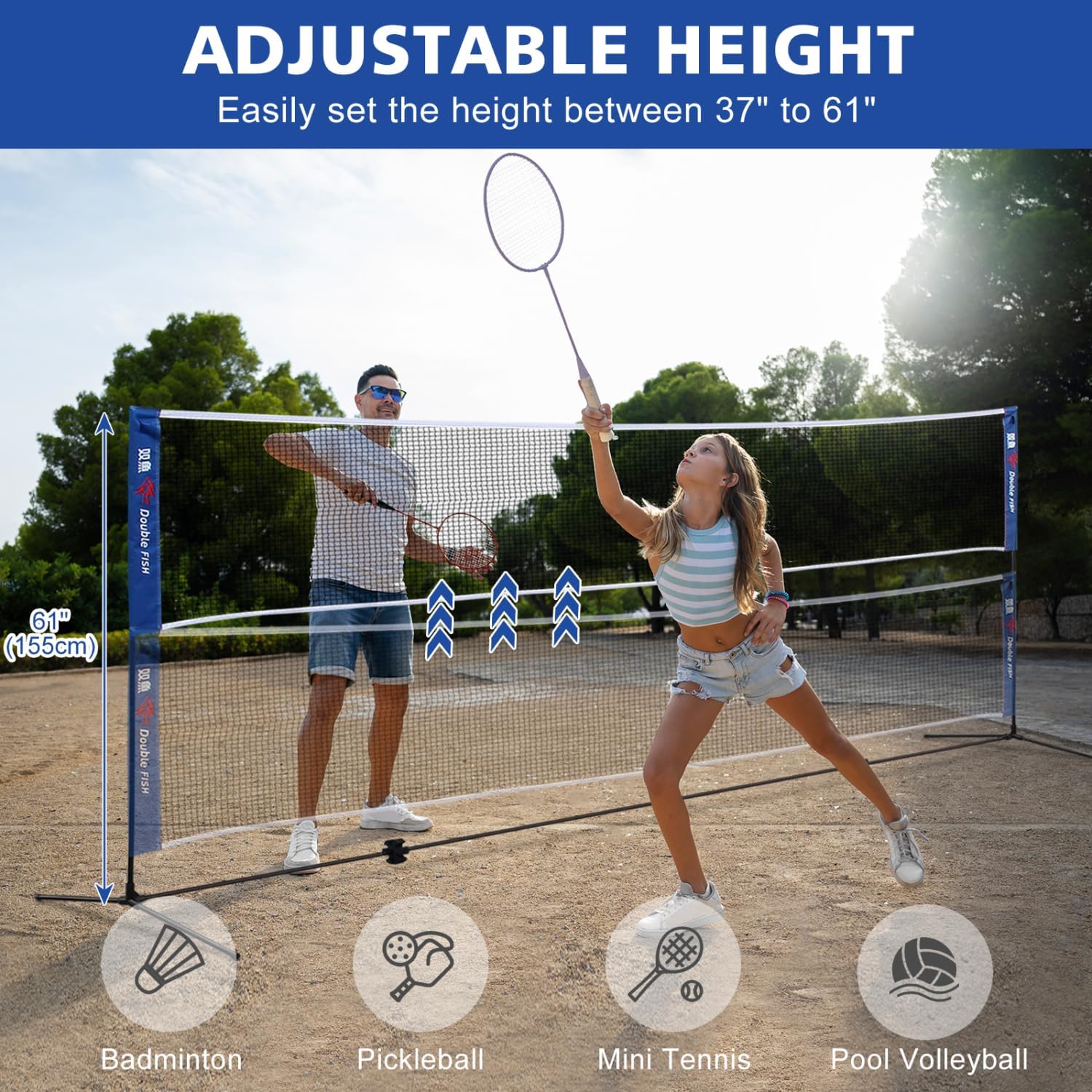 Double Fish Portable Badminton Net Mesh White+Black Blue Standard Size for Indoor & Outdoor Sports Outdoor-Ready