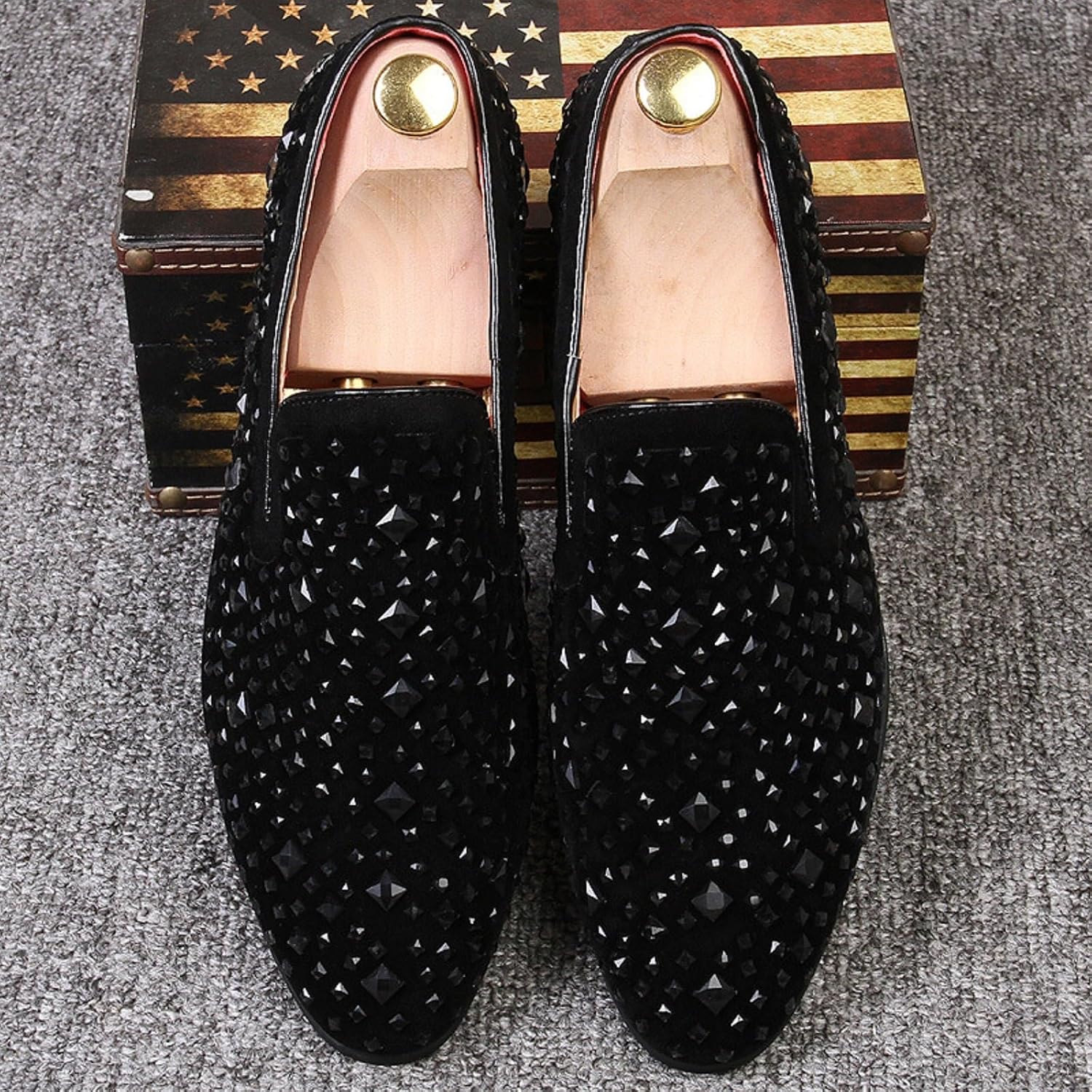 Men's Rhinestone Sequined Slip-on Smoking Loafers,Trendy Suede Pointed Toe Classic Tuxedo Dress Shoes Moccasins Party Wedding Penny Sparkly Shoes