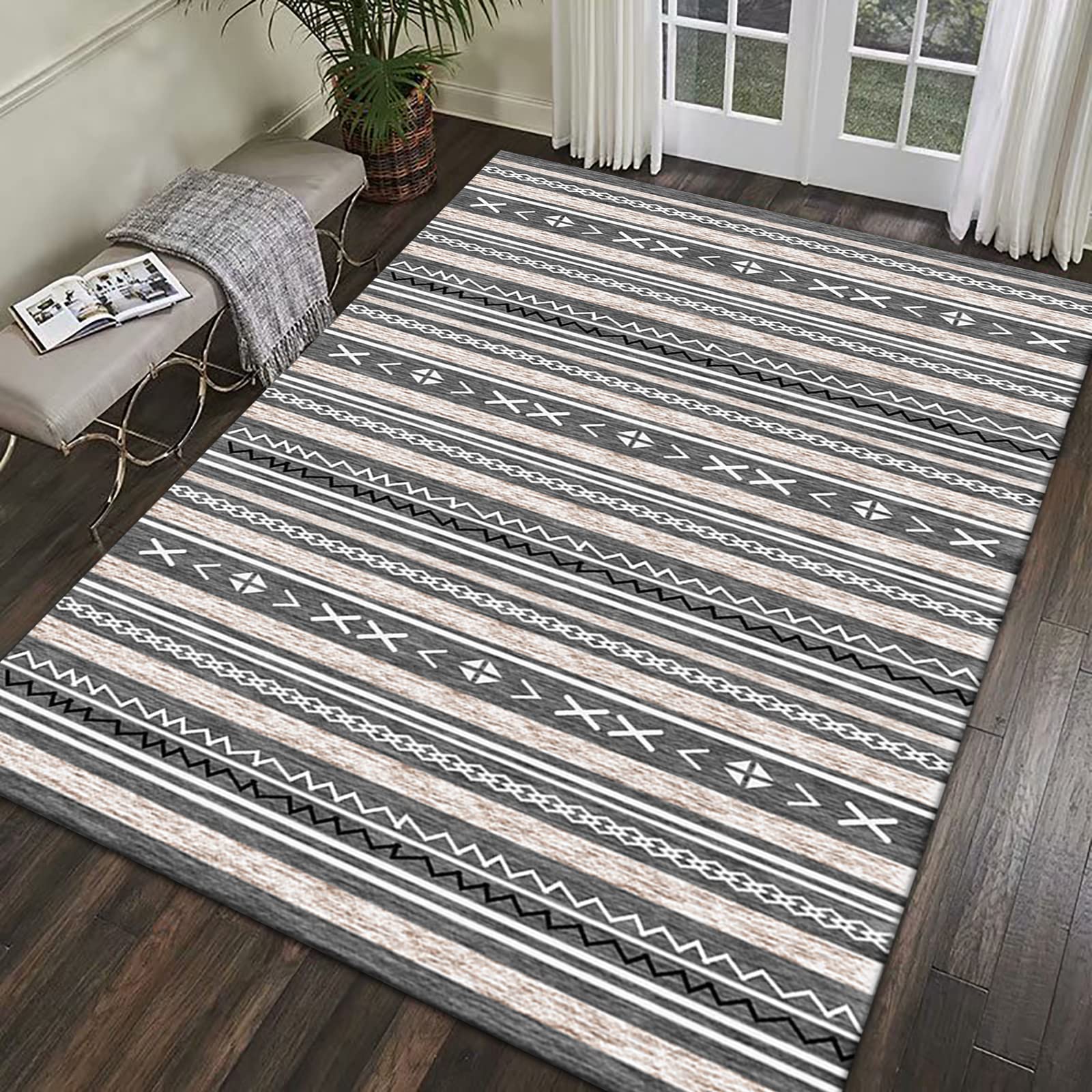 Tapis antidérapant à poils longs moderne et épais pour salon, chambre à coucher, bureau, entrée, couloir, texture douce et élégante, motif rayé élégant
