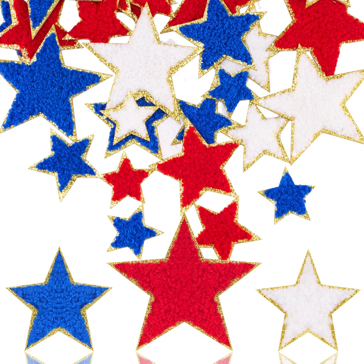 Norme 32 Pcs Self Adhesive Patriotic Star Iron on Patches Chenille Patches Sew on Red White Blue Appliqué for Clothes Backpacks Hat DIY 4th of July Embroidered Decorations, 4 Size