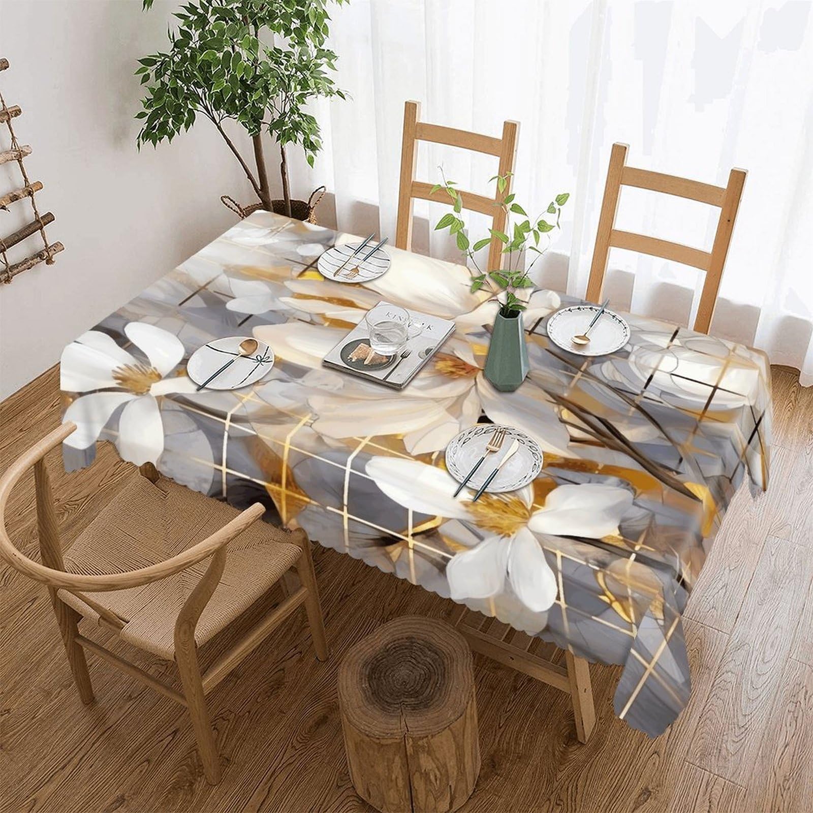 Fekiloot Style Gold And Gray Tablecloths Heavy Duty Washable Fabric,Birthday Tablecloth-Wavy Edge Design,Polyester Table Cloth For Restaurant,Picnic,Indoor And Outdoor Dining55 X70