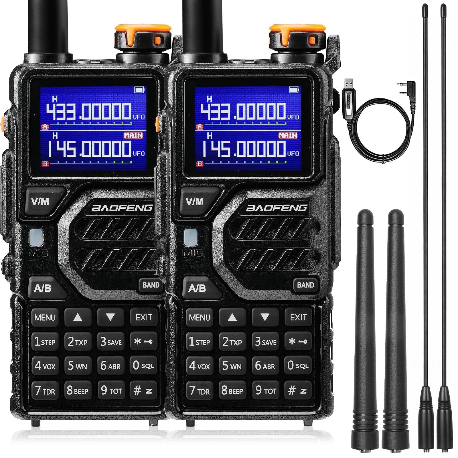 BAOFENG K5PLUS Walkie Talkie 10W Doppia bande, Radio UHF VHF a lungo raggio con ricevitore Airband, Batteria da 2500 mAh, Porta USB-C, Cavo di programmazione, Copia di frequenza, 999 canali (2 pack)