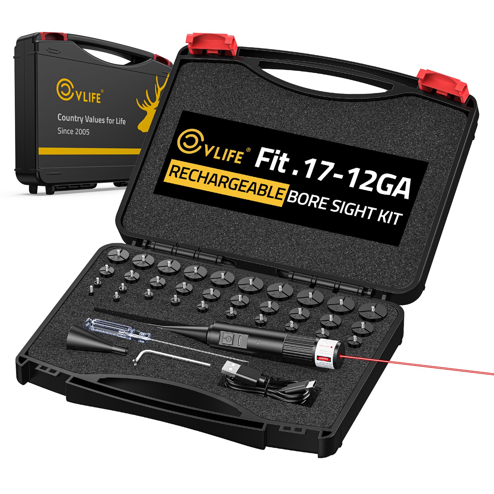 CVLIFE Rechargeable Laser Bore Sight Kit with 32 Adapter Fits .17 to 12GA Calibers Professional Green/Red Bore Sight Laser with Button Switch Powerful Bore Sighting for Hunting