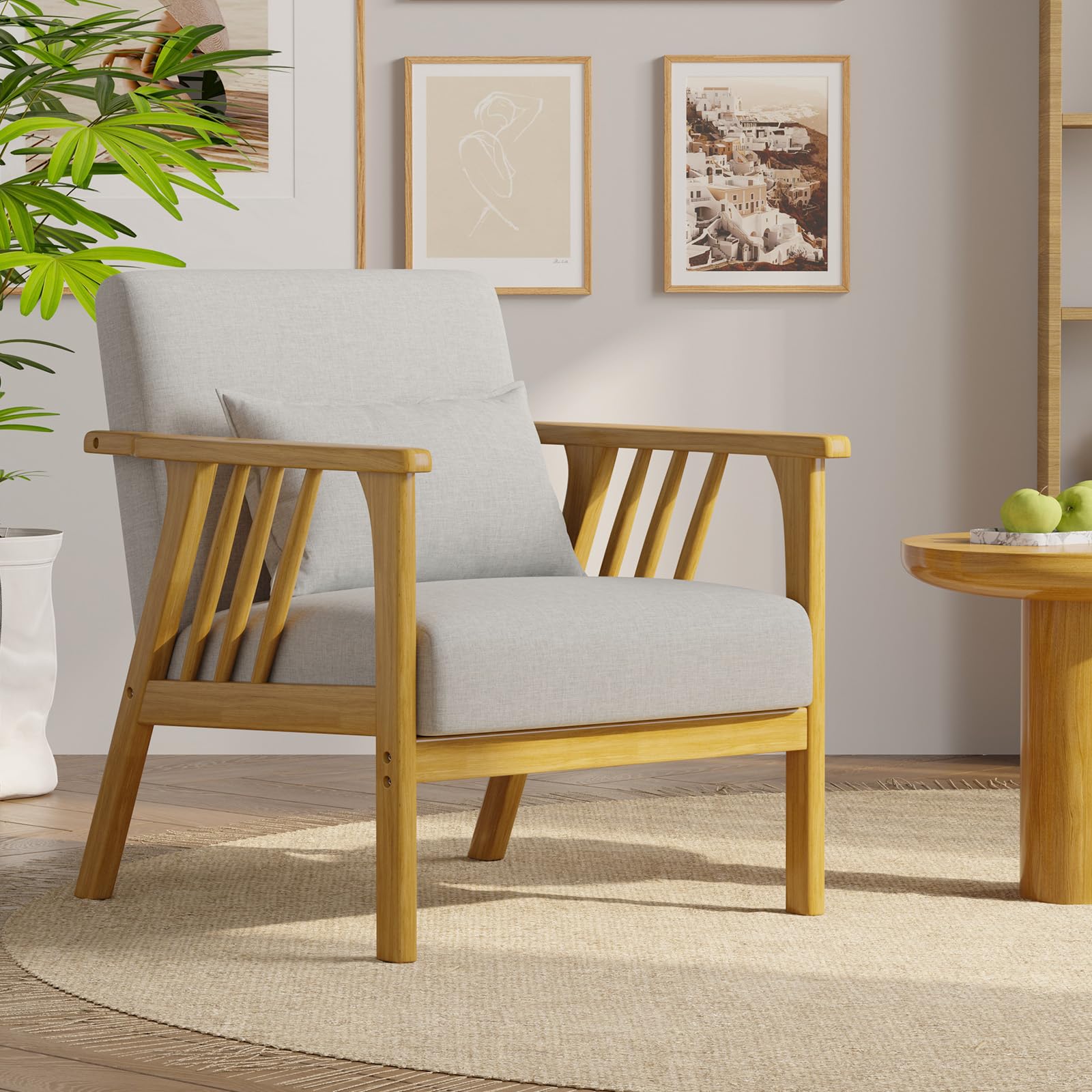 Nalupatio Mid Century Modern Accent Chair with Solid Wood Frame, Upholstered Living Room Arm Chairs with Waist Pillow & Soft Cushion, Grey Accent Chairs for Living Room, Bedroom, Balcony