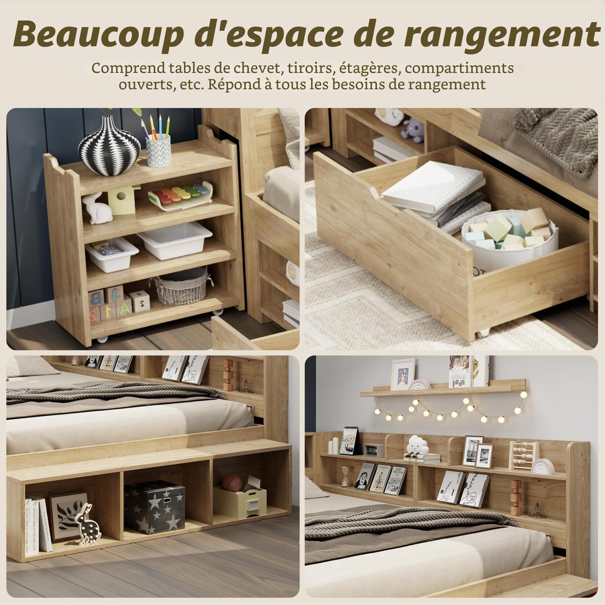 Sapgaks Lit Coffre en Bois Massif 140 x 200 cm,Lit Enfant Simple,Cadre de lit Enfant avec Rangement,Multifonctionnel avec Tables de Chevet, étagères et armoires de Rangement,avec Chargement sans Fil