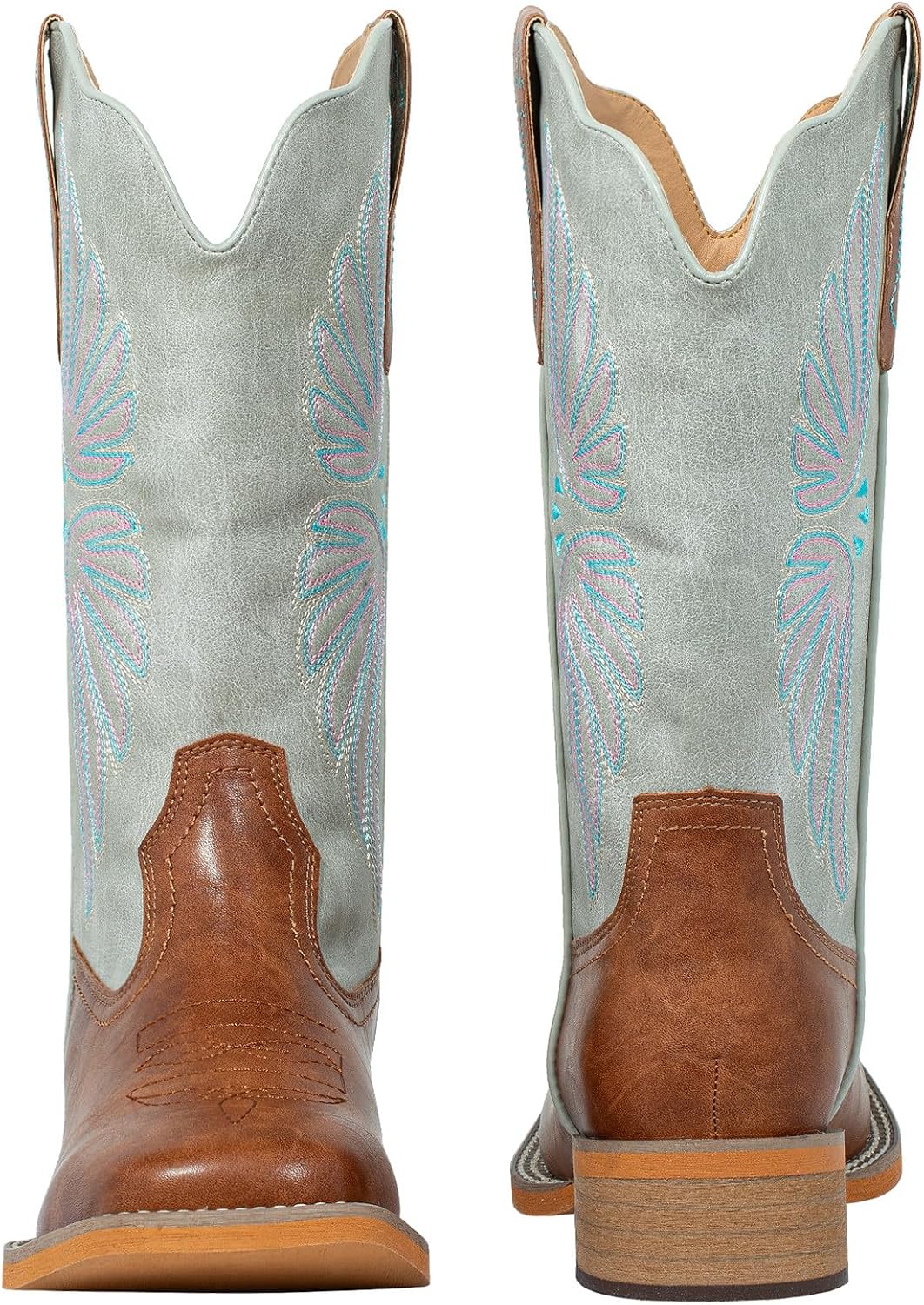 SheSole Women's Wide Square Toe Cowgirl Cowboy Boots Mid Calf Fashion Western Boots