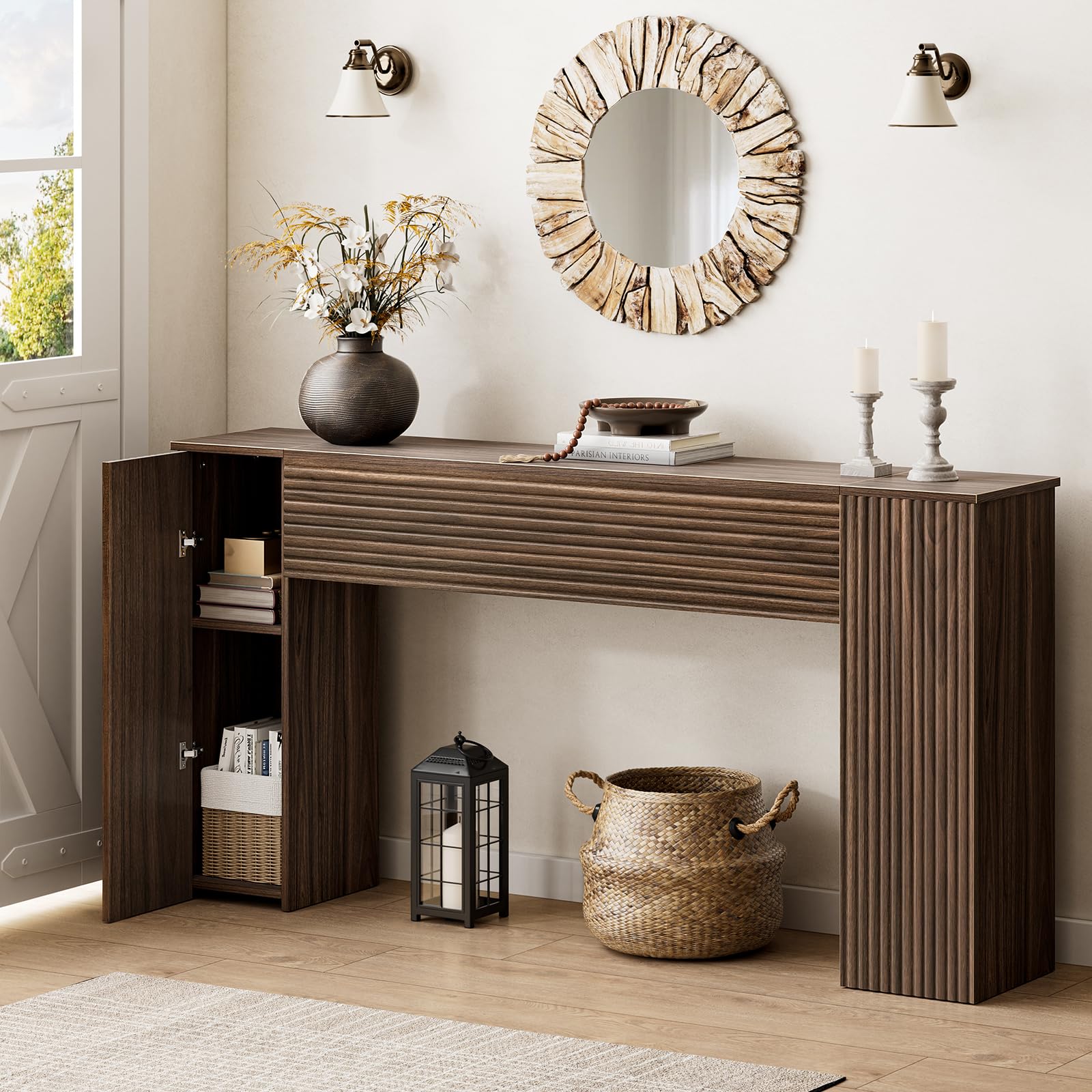 FABATO 61 inch Fluted Long Console Table with 2 Hidden Storage Cabinets