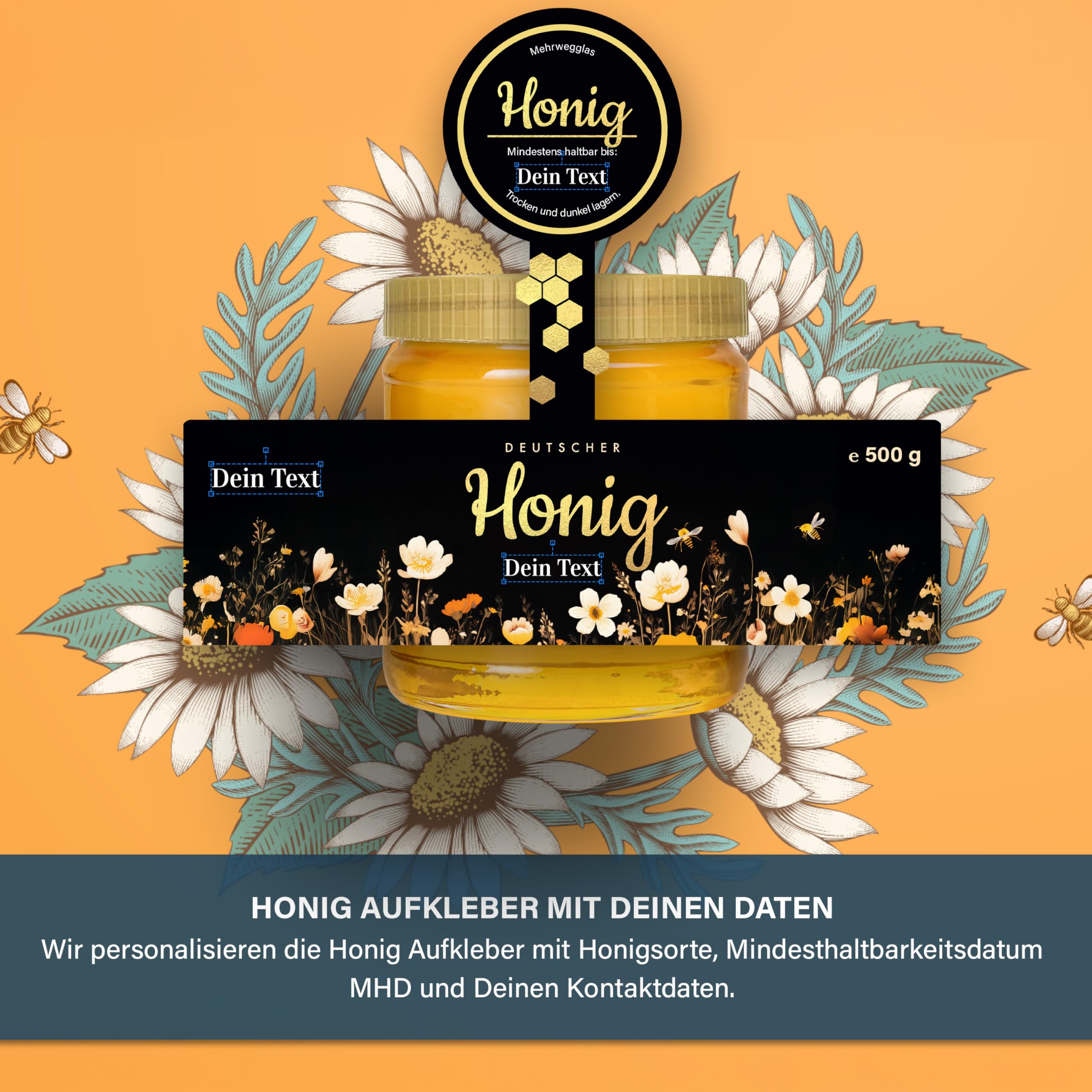 Honigetiketten 500 g personalisierbar mit Gewährverschluss – Aufkleber für Honiggläser selbst gestalten – selbstklebend, ablösbar – ab 25 Stück – (HONIG - 500 g - GEW3)